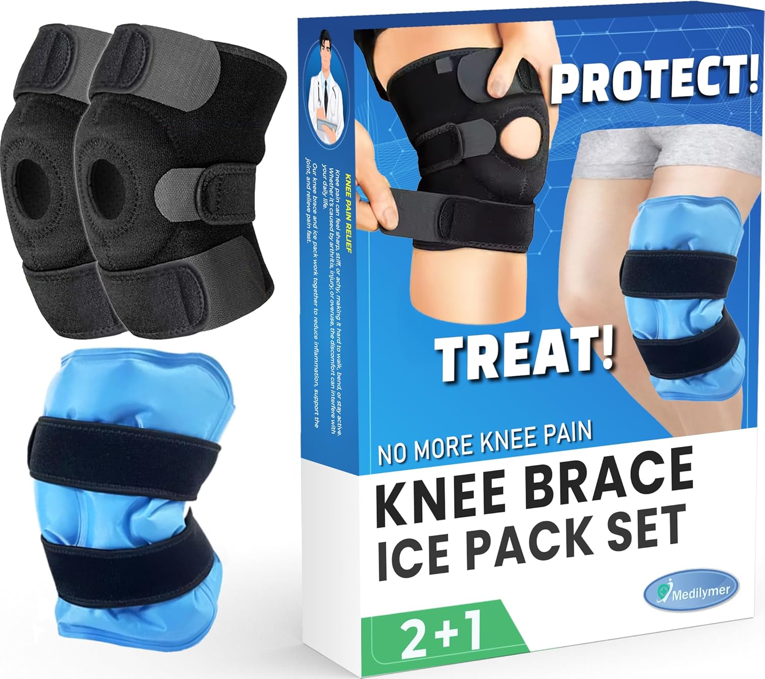 Knee Brace and Ice Pack (2+1 Set) Knee Support Braces For Women and Men, Knee Ice Pack, Adjustable Knee Wraps for Pain Relief, Arthritis, Meniscus Tear, Injury Recovery