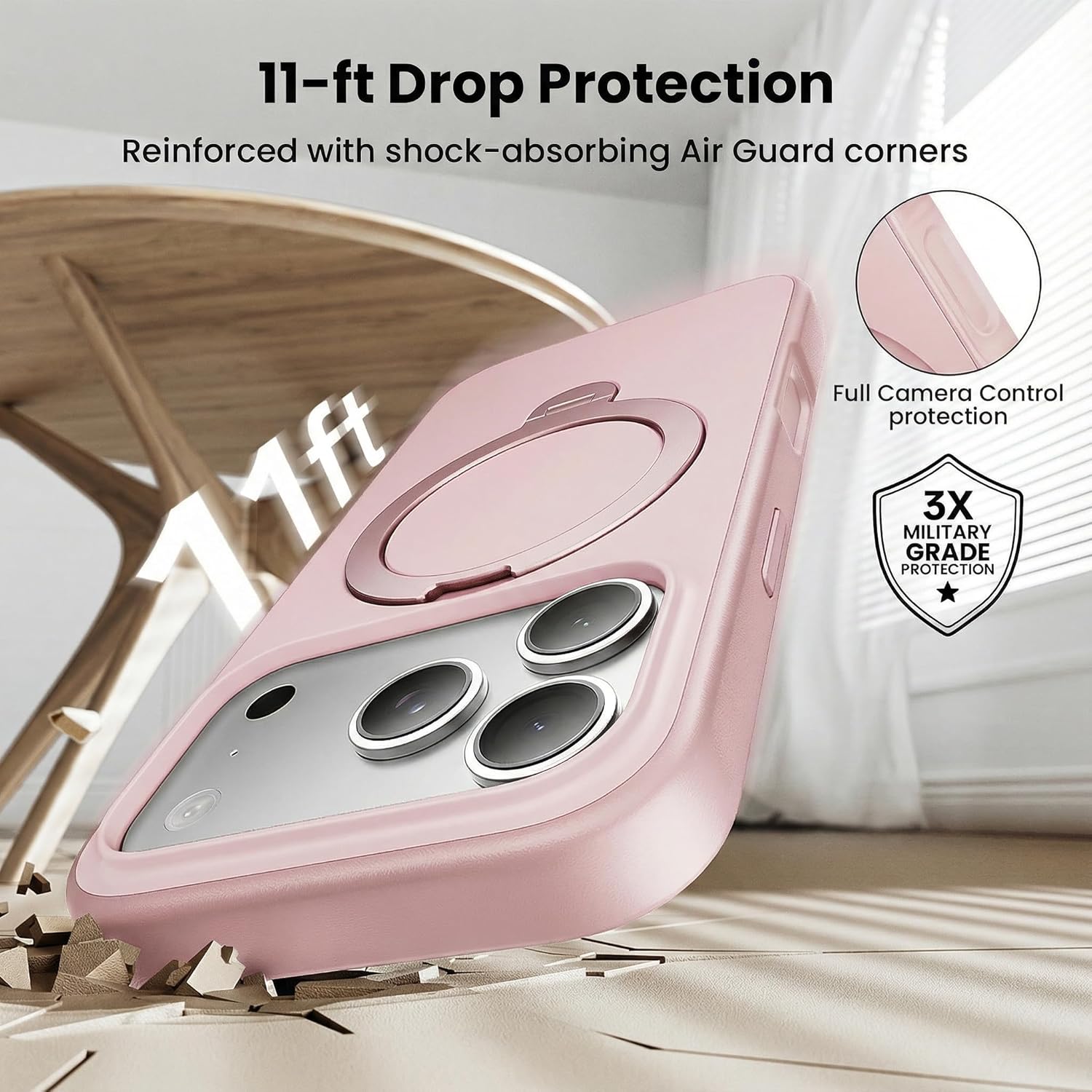 360°Ring Stand for iPhone 17 Pro Max Case, Compatible with MagSafe, Military-Grade Protective,Anti-Yellowing, Scratch-Resistant Back Cover Phone Case for iPhone 17 Pro Max 6.9", Light Pink