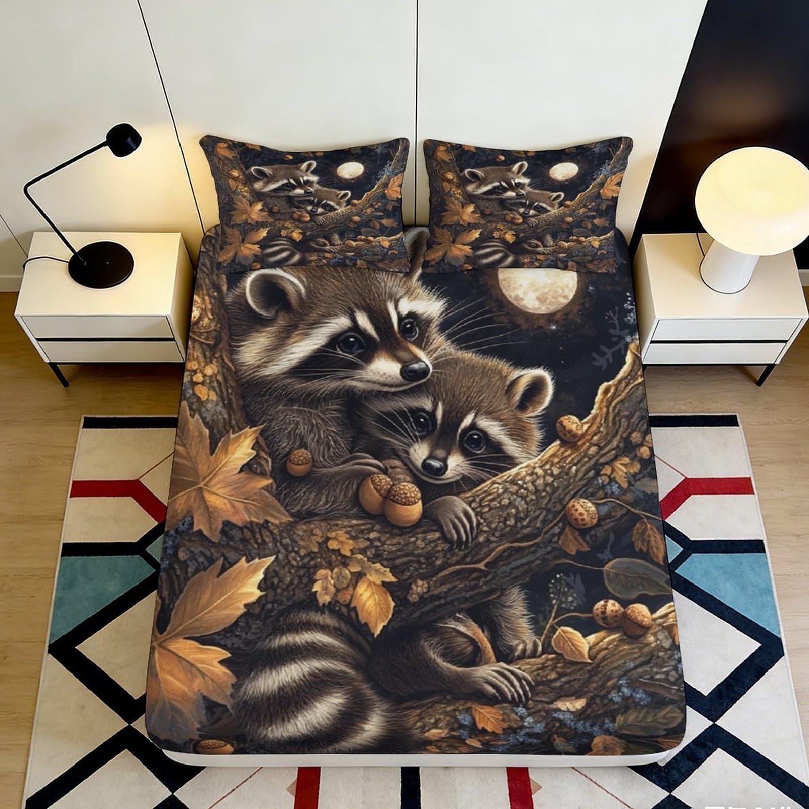 Pnayamiorkfel Style-6 3D Printed Autumn Raccoon Fitted Sheet Microfiber Soft Breathable Woodland Bed Cover For Bedroom Guest Room Decor 90X200x25cm