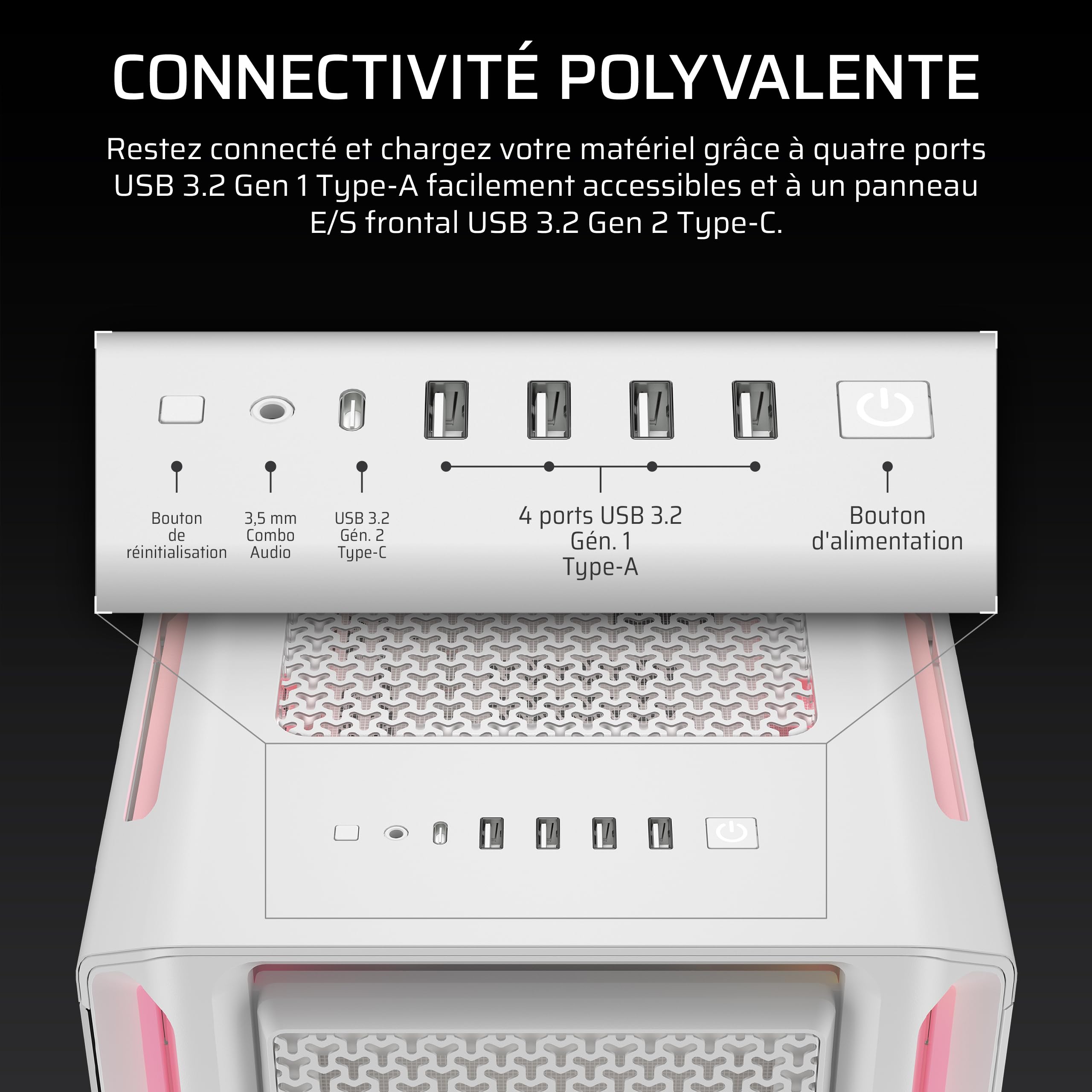 Corsair iCUE Link 5000T LX RGB Boîtier PC ATX de Taille Moyenne – 3X Ventilateurs LX120 RGB Préinstallés, Bandes Lumineuses RGB Aurora Intégrées, Intérieur Spacieux, Hub du iCUE Link Inclus – Blanc