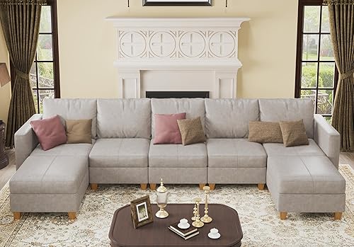 Miniatura 25 de EASE MOOSE Modualr - Sofá modular en forma de U con otomanas de almacenamiento, sofá modular de piel sintética gris, blanco y Blanco
