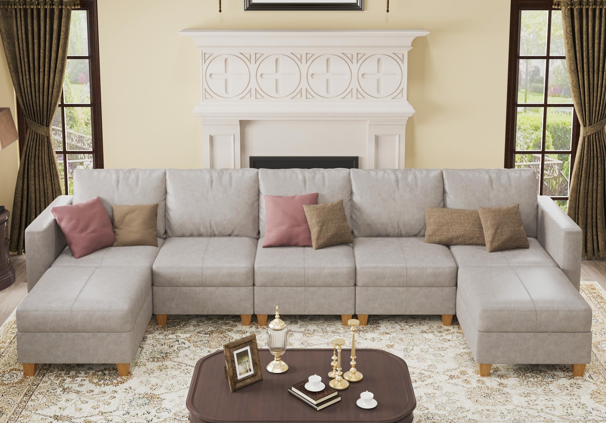 EASE MOOSE Faux Leather Sectional, Modular Sectional Sofa with Storage, Leather Couch U Shaped Couches for Living Room, Whitesand