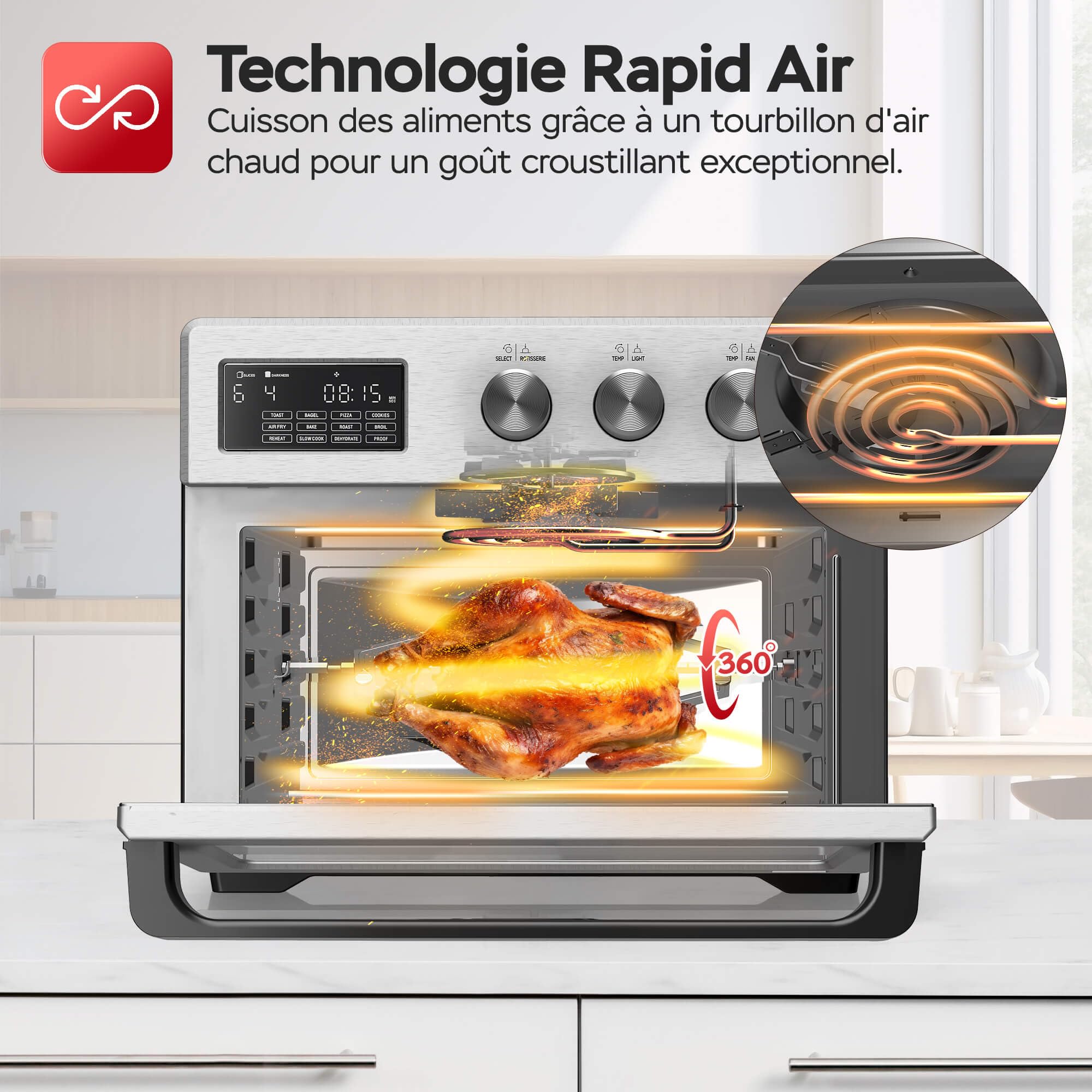 TurboTronic Four à Friteuse à Air, Horno de Aire Caliente Digital XXL 32L con Asador, 5 en 1 Mini Horno y Airfryer, Perfecto para Pollo, Deshidratador y Freidora sin Aceite