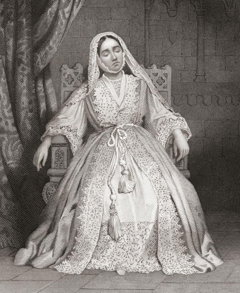 Miss Glynn w roli królowej Katarzyny ze sztuki Szekspira Henryka VIII. Isabella Glyn 1823 1889. Aktorka szekspirowska z epoki wiktoriańskiej. Nadruk plakatu: Ken Welsh (13 x 15)
