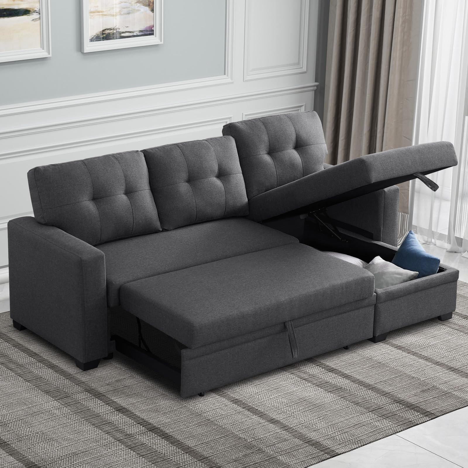 L Shaped Chaise Couch with Storage and Pull Out Bed Multifunctional Comfy Sectional Sleeper Sofa for Living Room, Apartment, Bedroom, Office, Dark Gray