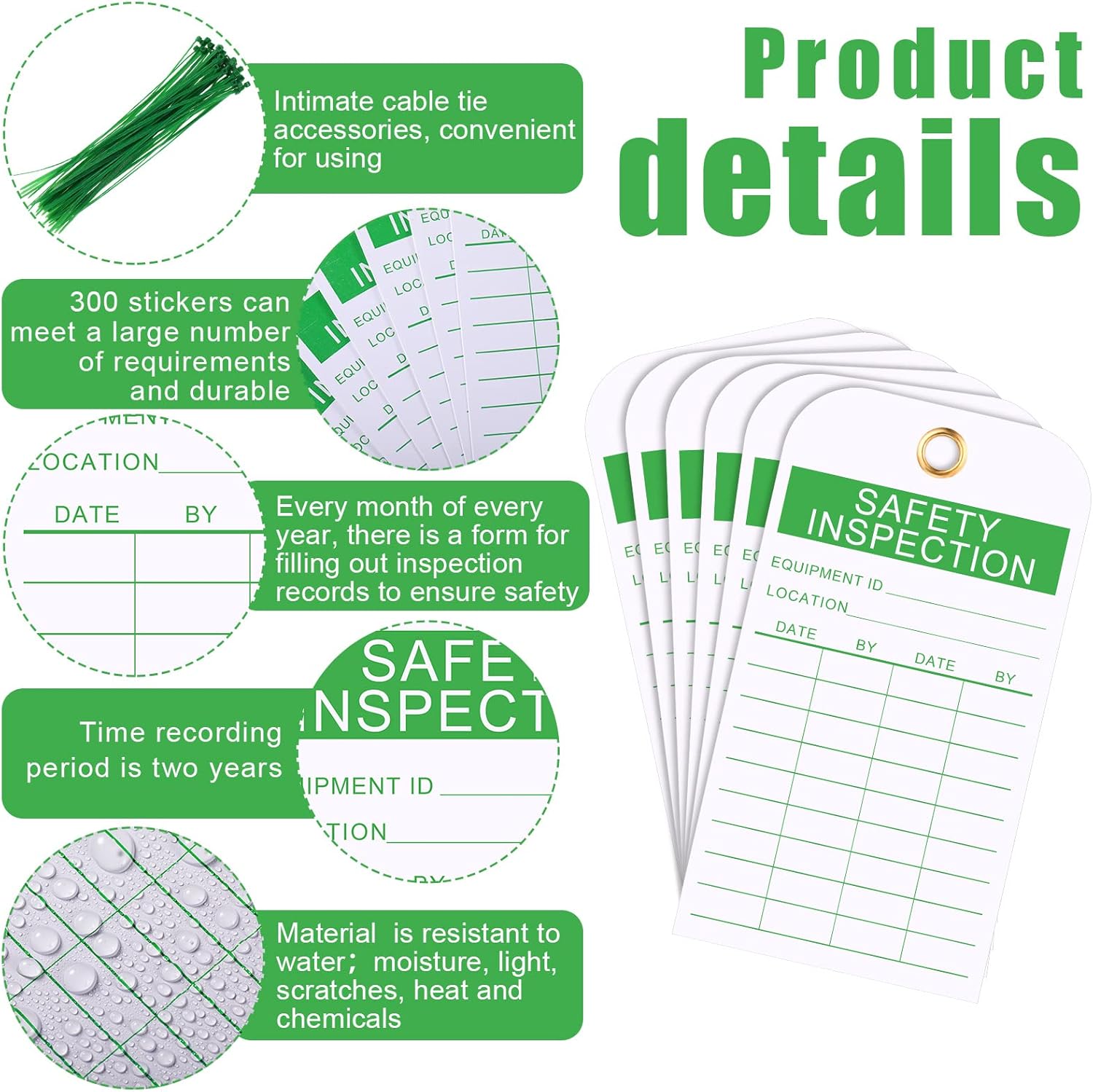 50 Pack Safety Inspection Tag Accident Prevention Tag Green on White Fire Extinguisher Tags with Green Zip Ties Multi Purpose Cable Ties for Indoor Outdoor Fire Extinguisher Scaffold Ladder : Industrial & Scientific