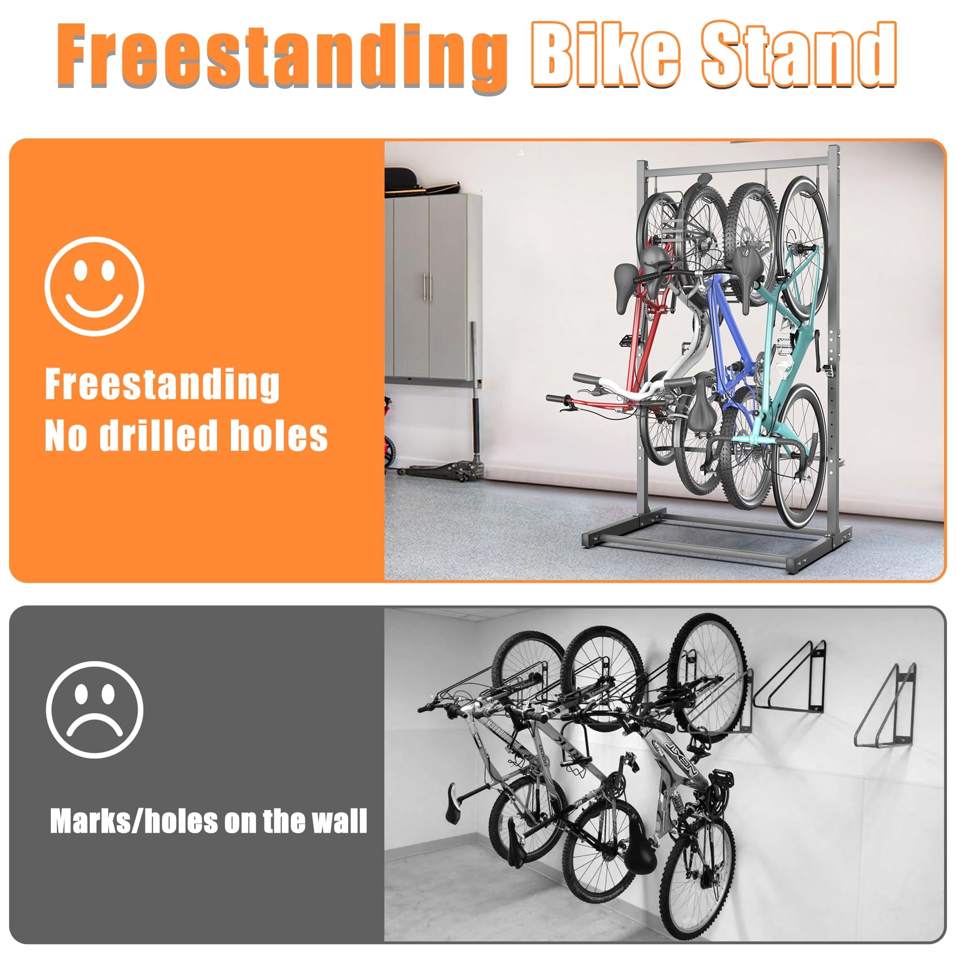 TORACK Garage Freestanding Hanging Bike Stand for Garage, Heavy Duty 4 Bikes Vertical Bike Storage Stand Floor Bike Storage Rack