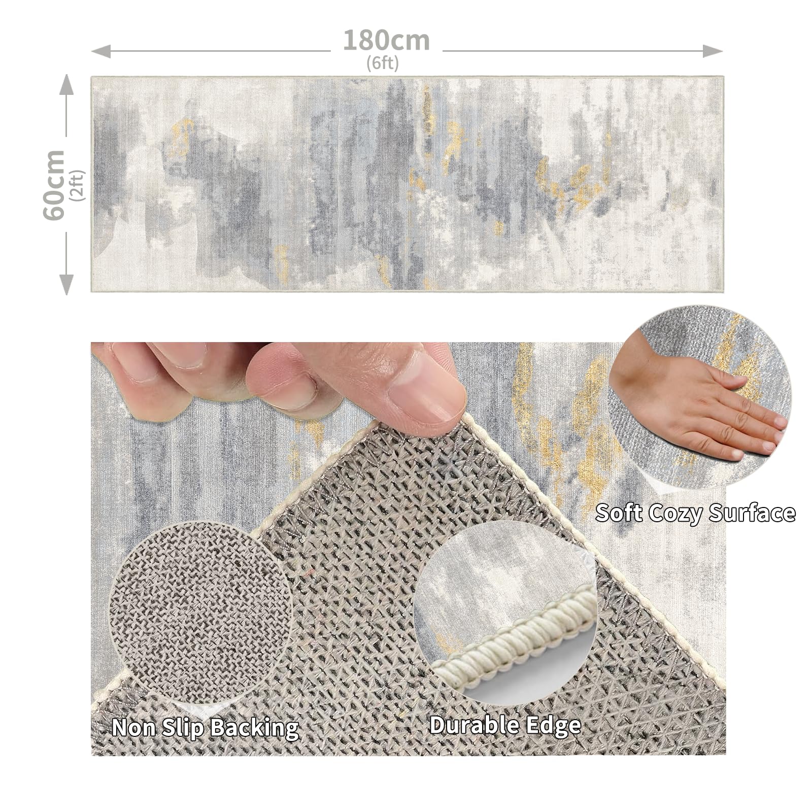Cycleader 60x180cm Non-Slip Washable Runner Rug for Hallway Bedroom Modern Abstract Faux Cashmere Carpet Anti-Fatigue Kitchen Rugs Indoor Soft Long Floor Mat Low Pile Runners with Anti-Slip Backing - Image 2