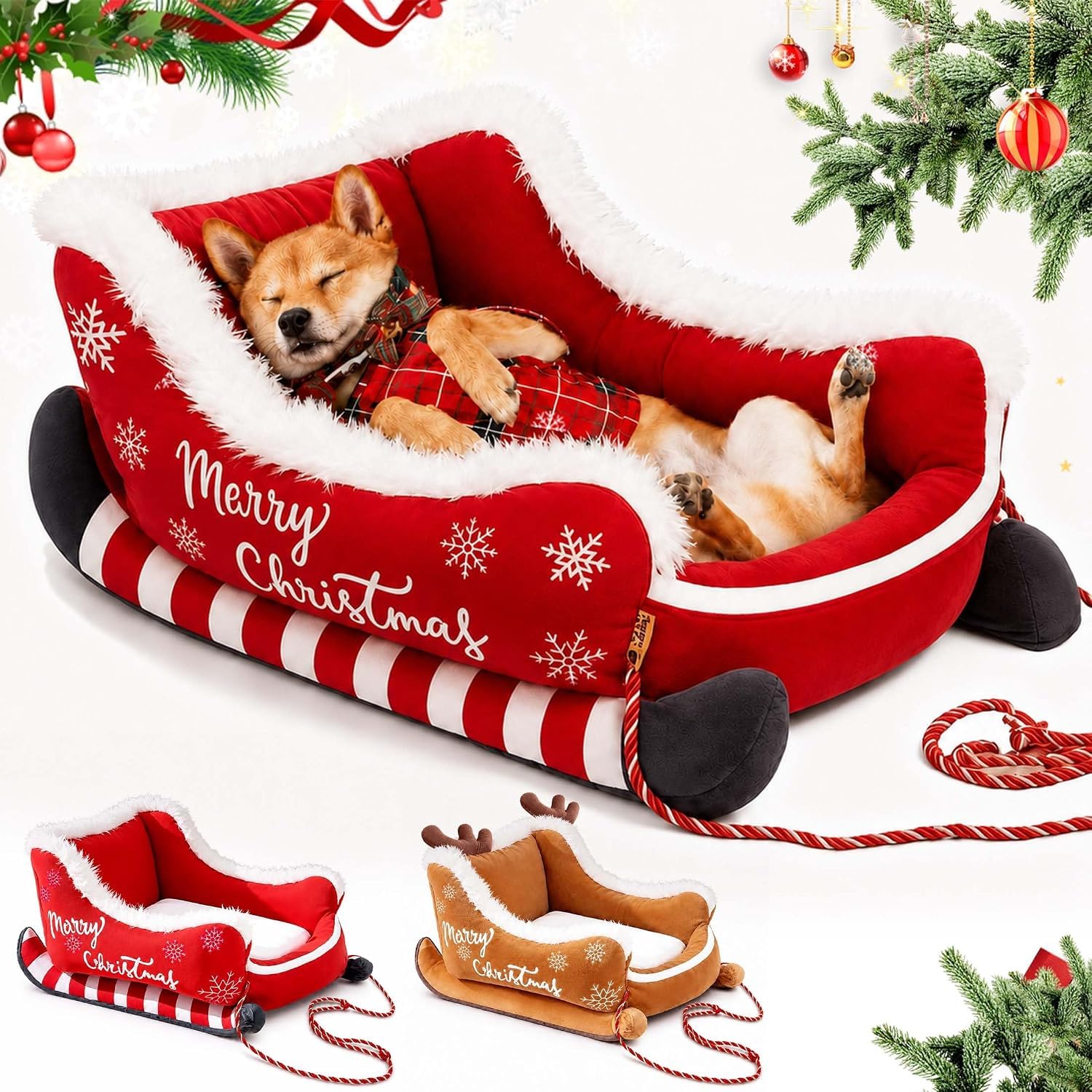Christmas Sleigh Pet Bed, Cozy Festive Nest for Small Dogs Cats (Red)