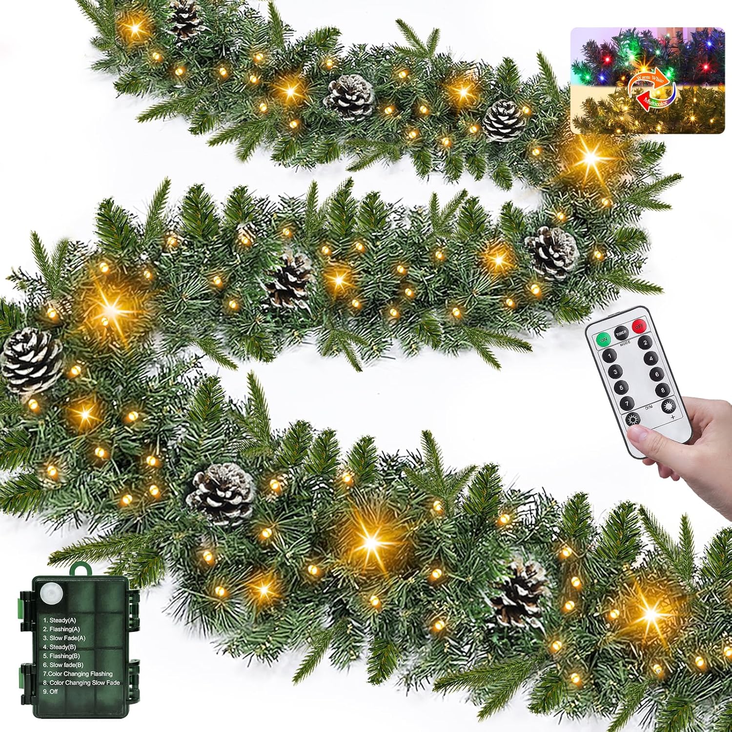 Remote Control - 9Ft Pre-Lit Christmas Garland Decorations Timer 50 Warm White & Multicolored Lights 8 Modes Pine Cones Norfolk Pine Branch, Xmas Garland for Christmas Decor Home Indoor Outdoor