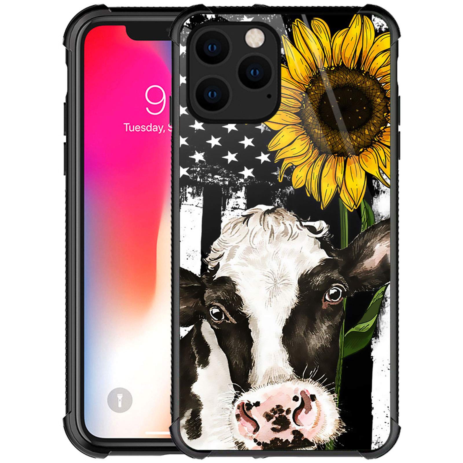 Goodsprout Compatible with iPhone 12 Pro Max Case Cow Sunflower Vector Flag Graphic for Girls,Picture Pattern Design Shockproof Anti-Scratch Hard PC Back Case for iPhone 12 Pro Max