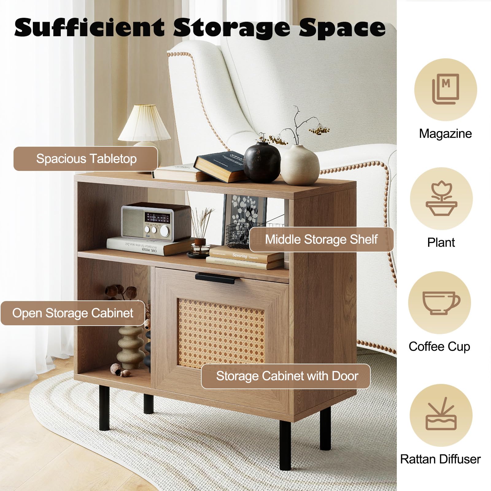 LIFEZEAL Tavolino da Divano, con Armadietto in Rattan, Scomparto Aperto, Tavolino Laterale da Caffè, Soggiorno, Salotto, Ingresso, Comodino Camera da Letto, Scarpiera, Max 80kg, 60x25,5x59cm, Naturale