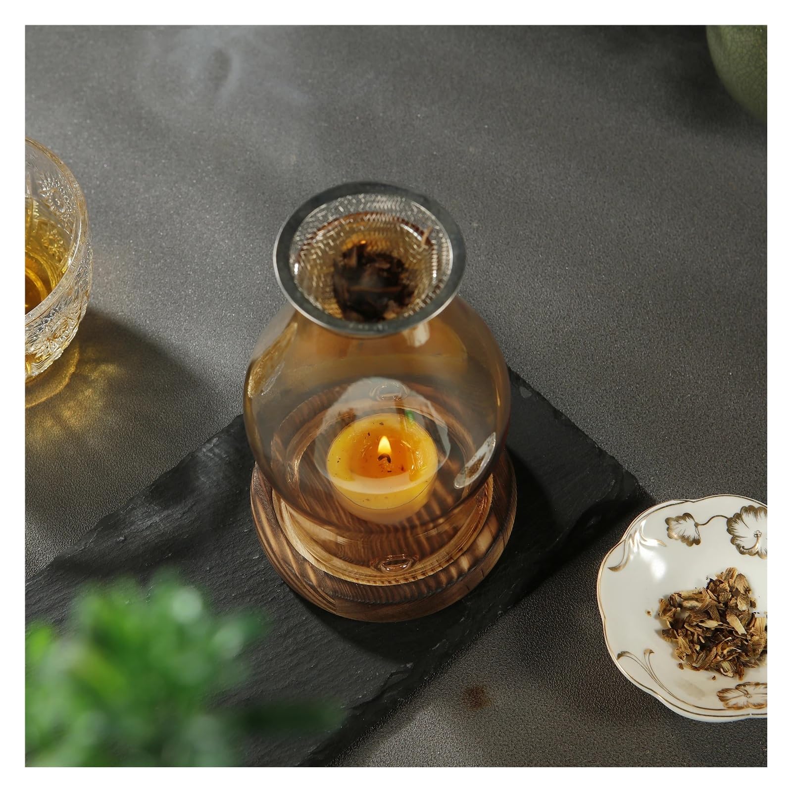 Kerzenhalter aus Glas mit Holzsockel, Aromatherapie-Brenner