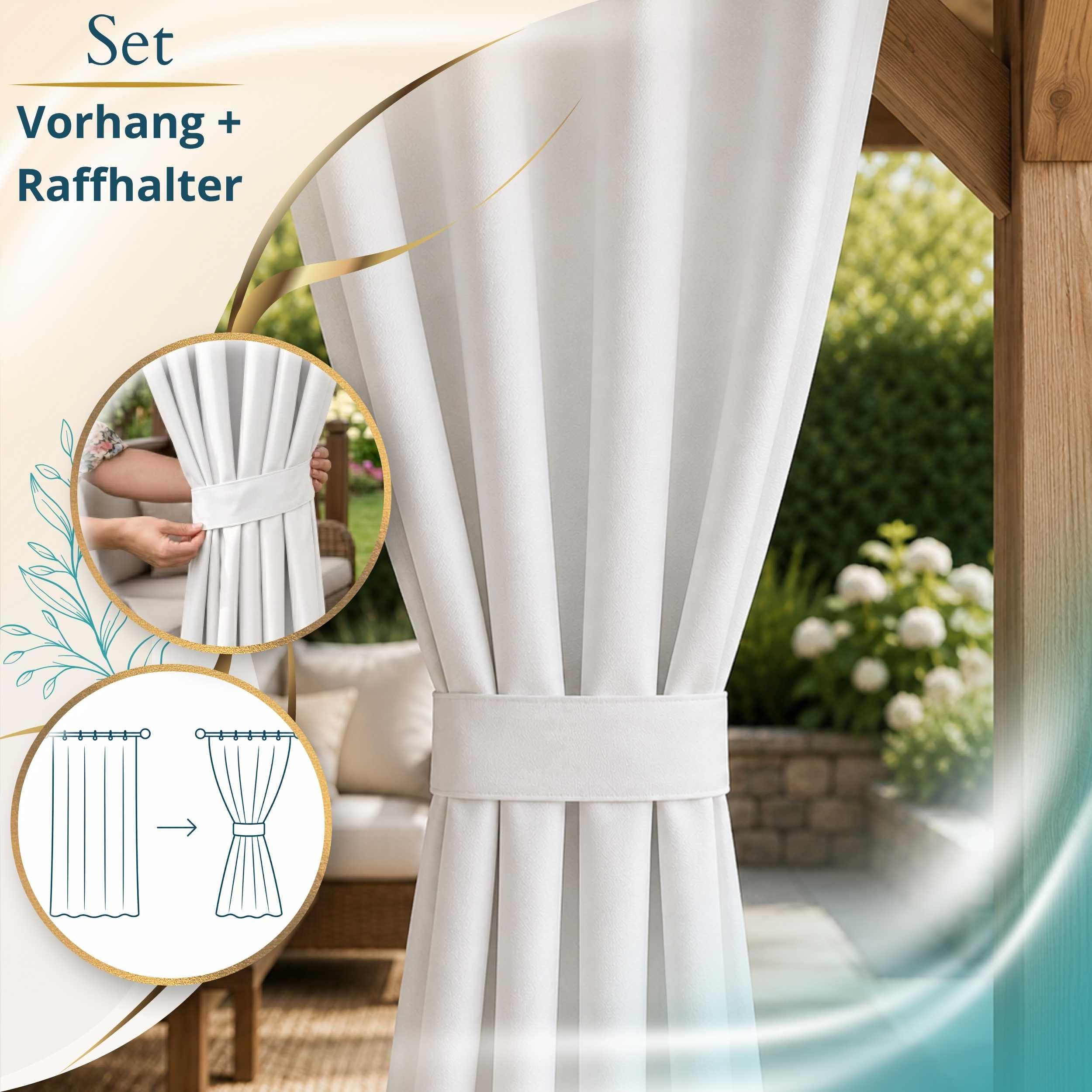 Outdoor Vorhang Weiß 155x180 cm wasserdicht Kräuselband | Polyester Oxford 500D wasserdicht · kompakte Höhe für Geländer & Balkon · Pergola, Pavillon, Carport · 14 Farben
