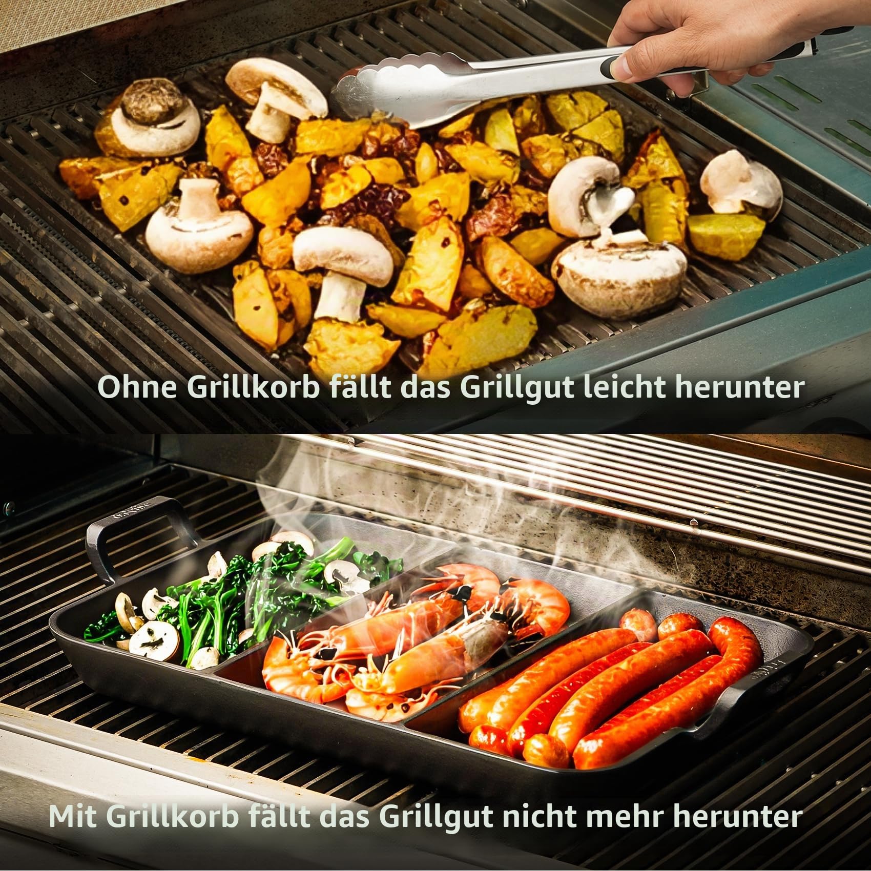 Onlyfire Gusseisenpfanne mit Griff, Gusseisen Grillplatte mit 3 Grillzonen, rechteckige Grillpfanne zum Kochen von Gemüse, Speck, Würstchen, Steak, Brot backen, Geeignet für Grill, Backofen, Herd