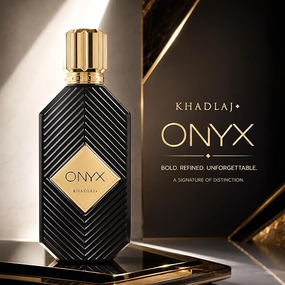 Khadlaj Onyx Gold Aromatic, Sweet, Powdery, Musky Eau de Parfum Spray Long-Lasting Fragrance for Unisex, 3.4 Ounce / 100ml