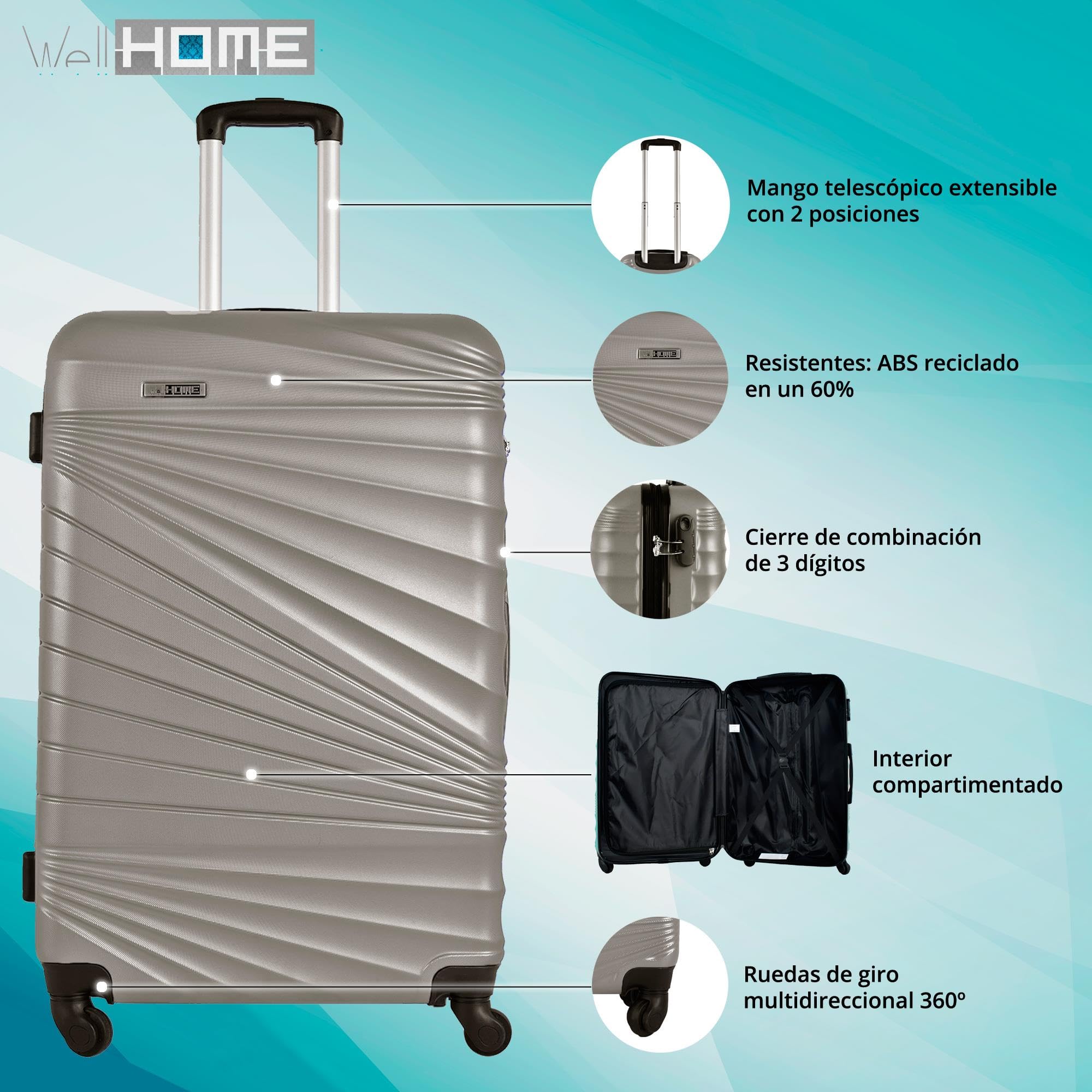 WELL HOME MOBILIARIO & DECORACIÓN Set di 3 valigie ABS rigide in argento nudo metallizzato, Argento Nudo, Set di valigie rigide
