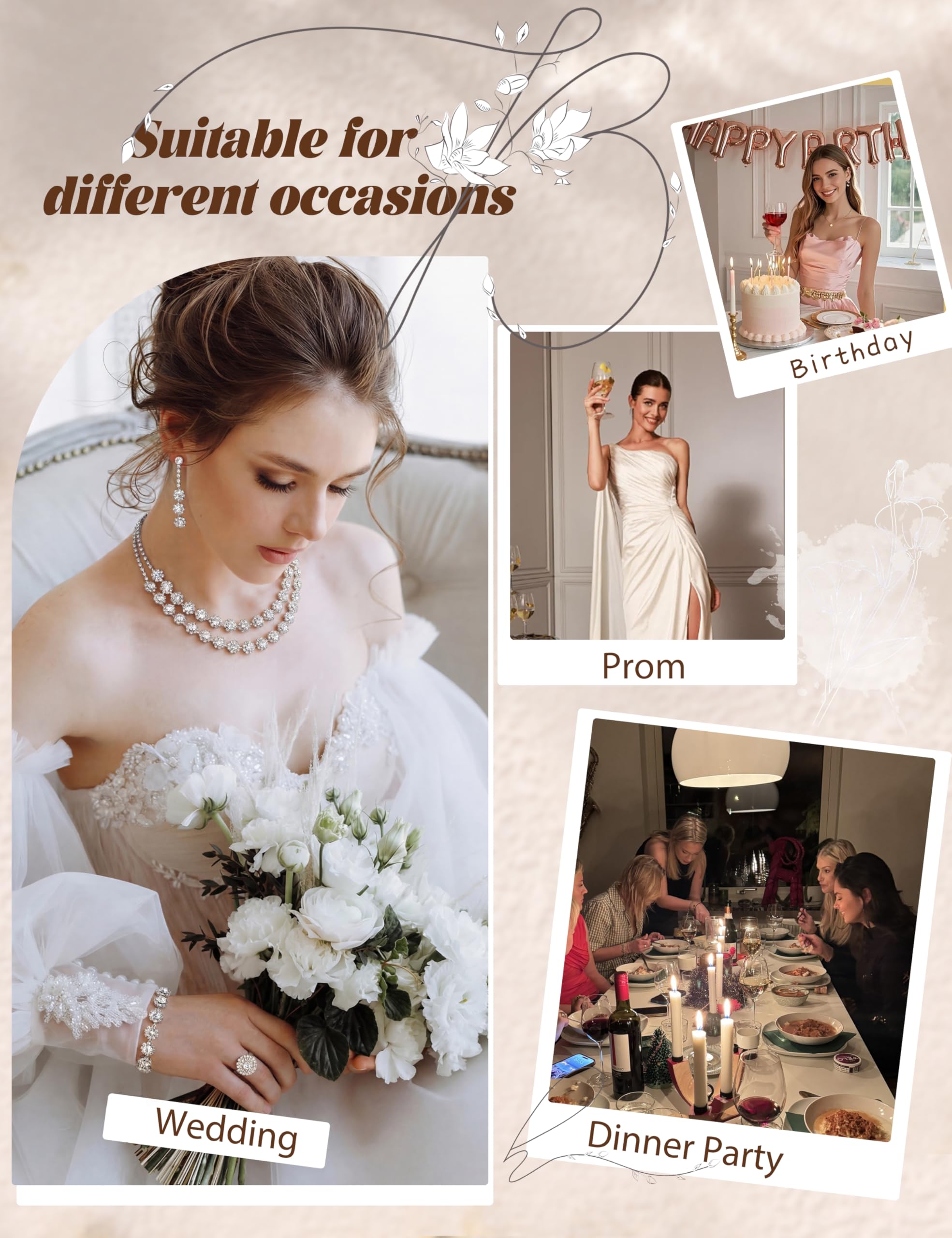 Diamday Brautschmuck Schmuck Set Damen Schmuckset Quasten Ohrringe Strass Mehrreihige Halsketten Link Armbänder Verstellbare Ringe Hochzeitsschmuck Sets für Bräute Prom Kostüm Zubehör