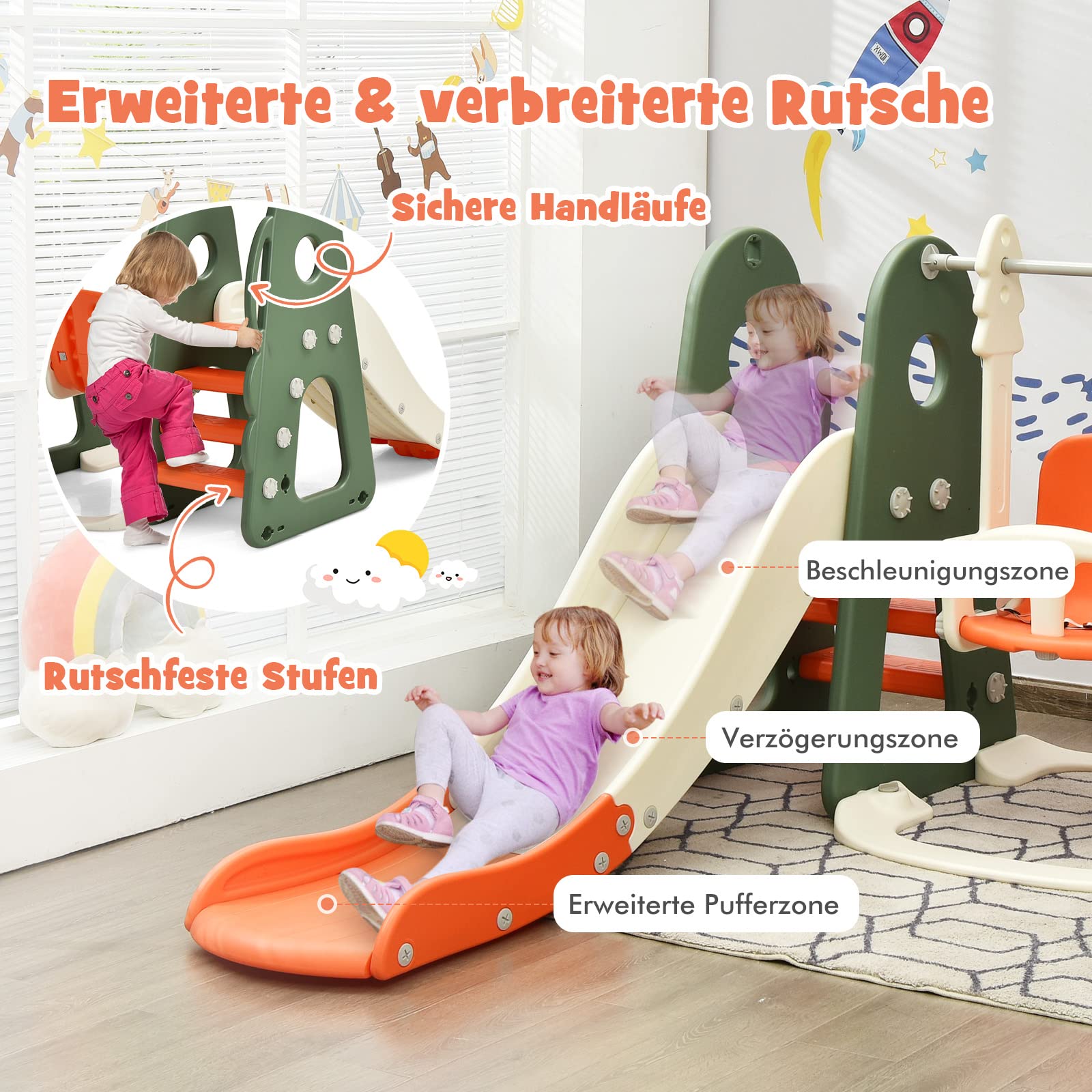 DREAMADE 5 in 1 Kinderrutsche mit Schaukel und Basketballkorb Fußballtor Golfloch, Kinder Rutsche- und Schaukelset, Kinder Spielplatz für Indoor und Outdoor (Orange)