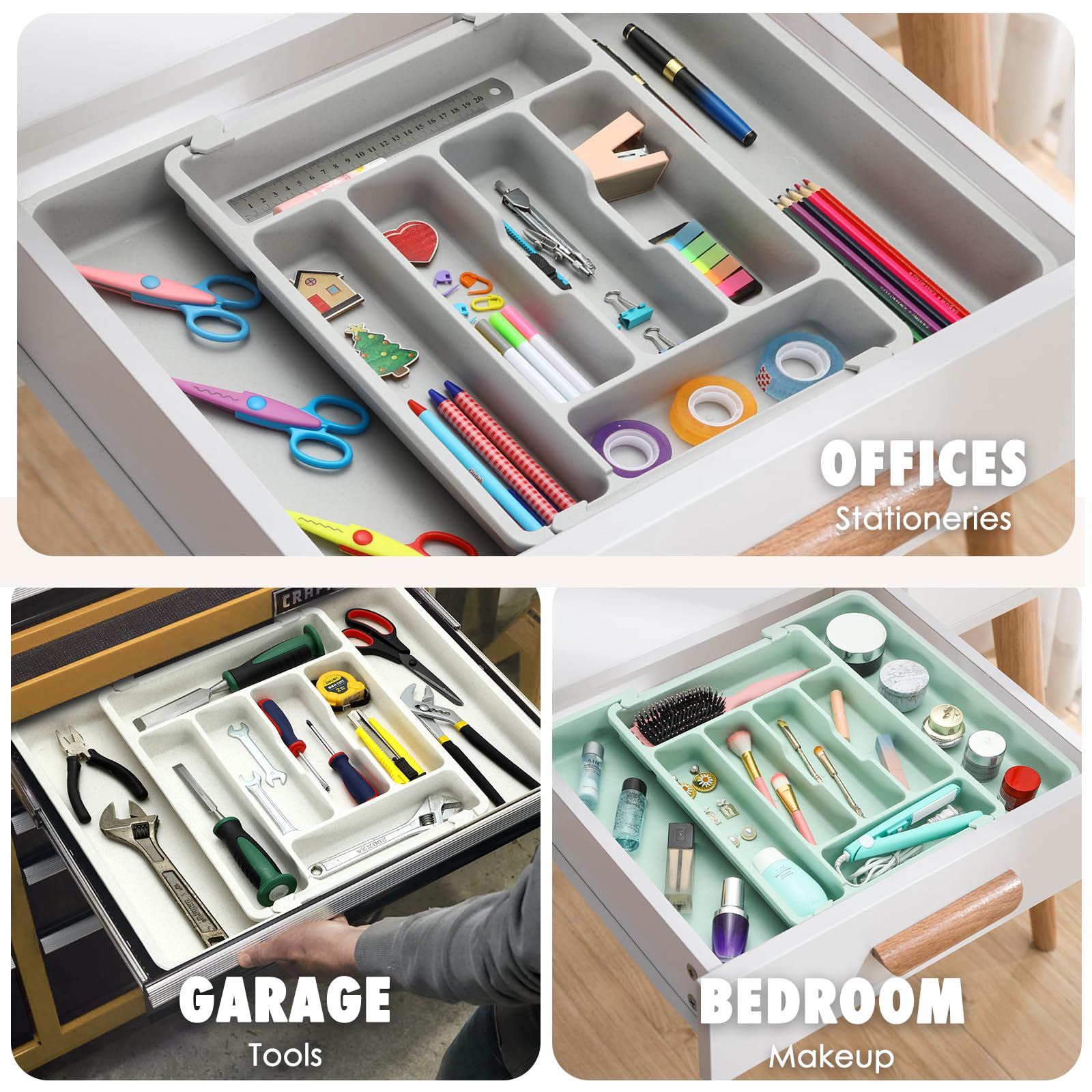 FANCILLA Organizador de cubiertos de paja de trigo para cajones de cocina, organizador de cajones de utensilios de cocina, organizador de cajones de cubiertos ajustable, bandeja apta para lavavajillas
