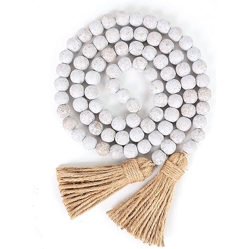 58in Wood Bead Garland with Tassels, Farmhouse Rustic Country Decor Prayer Boho Wall Hanging Decoration (Whitewash)