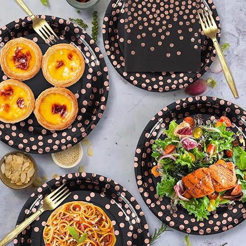 Miniatura 5 de Black and Rose Gold Paper Tableware Set-150PCS-50 x 7''Dessert Plates & 50 x 6.5''Napkins & 50 x 7.3''Forks,Disposable Party Paper Plates and