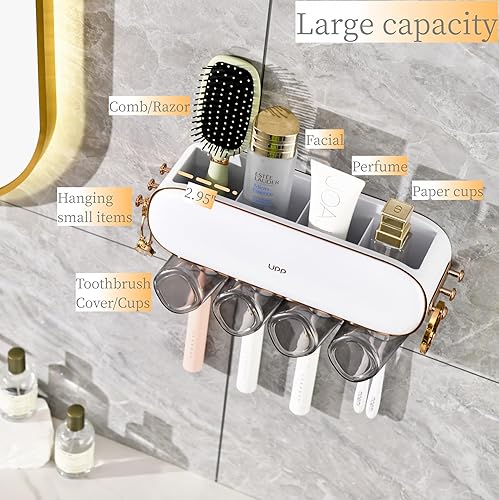 Miniatura 2 de Ayswupt Soporte para cepillo de dientes montado en la pared, soportes para cepillos de dientes para baños con 4 tazas, soporte para cepillo de