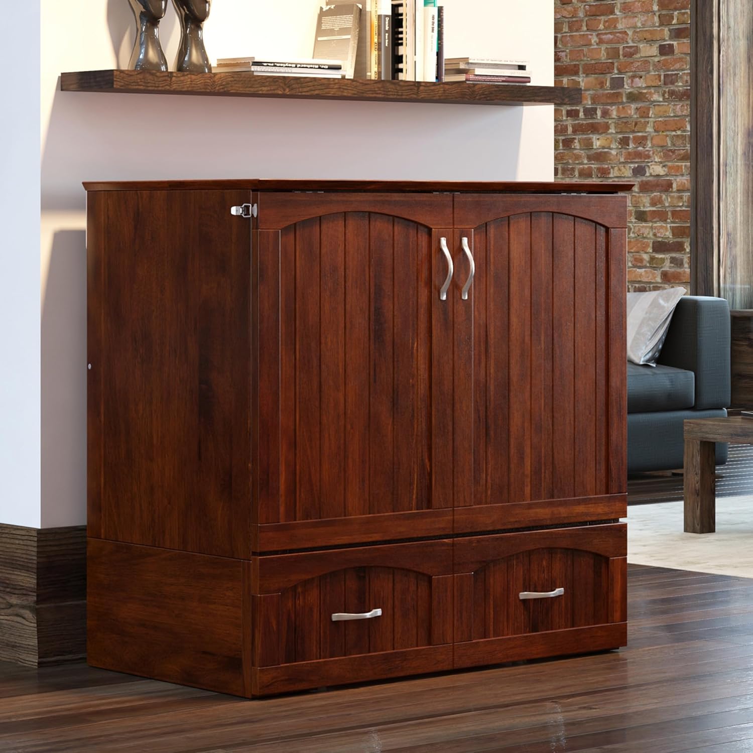 AFI, Southampton Murphy Bed Chest Twin XL with 6" Mattress, Storage Drawer & Built-in USB Charger, Walnut