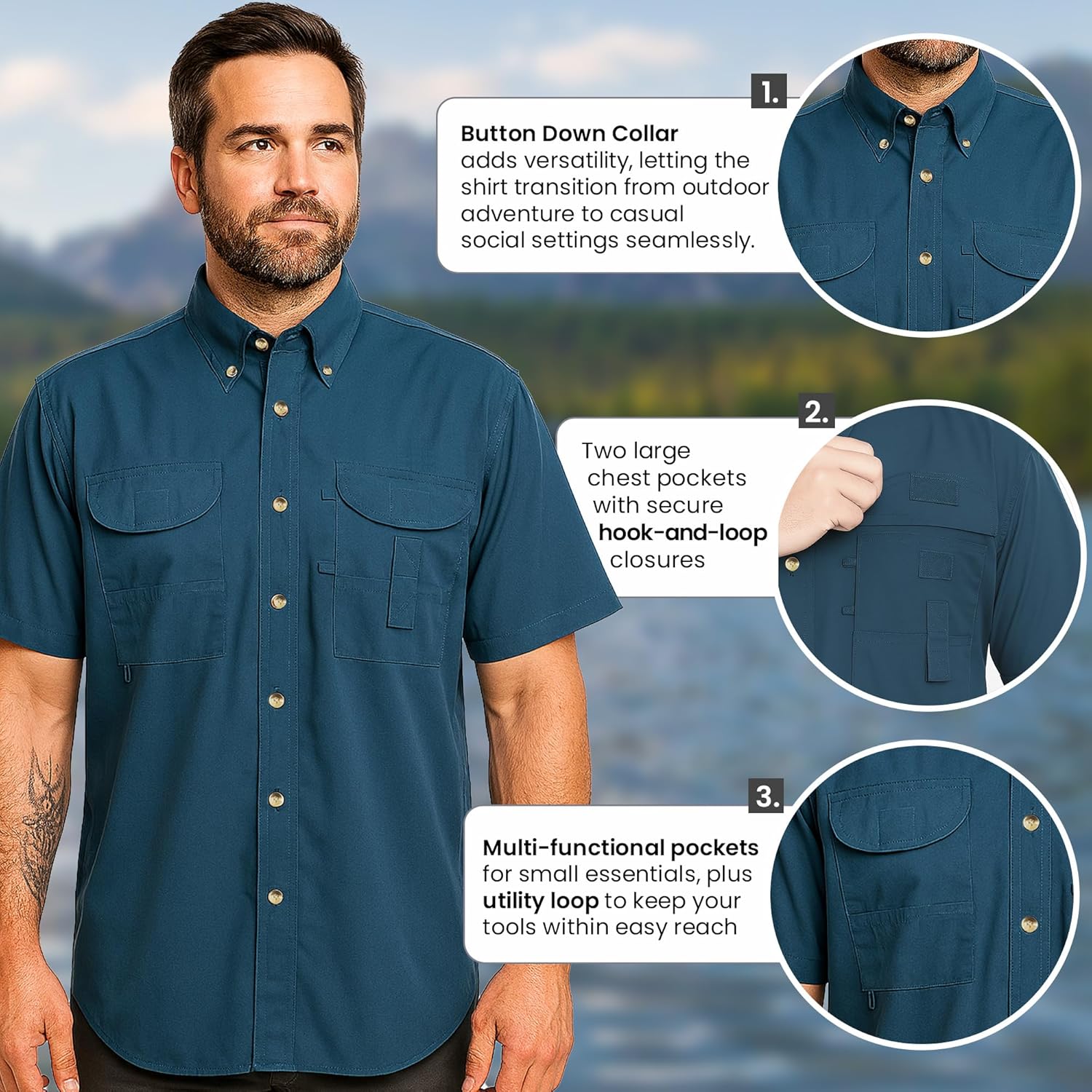 Men’s Fishing Shirt Short Sleeve Button Down Quick Dry Outdoor Hiking Shirt Lightweight Breathable - Image 3