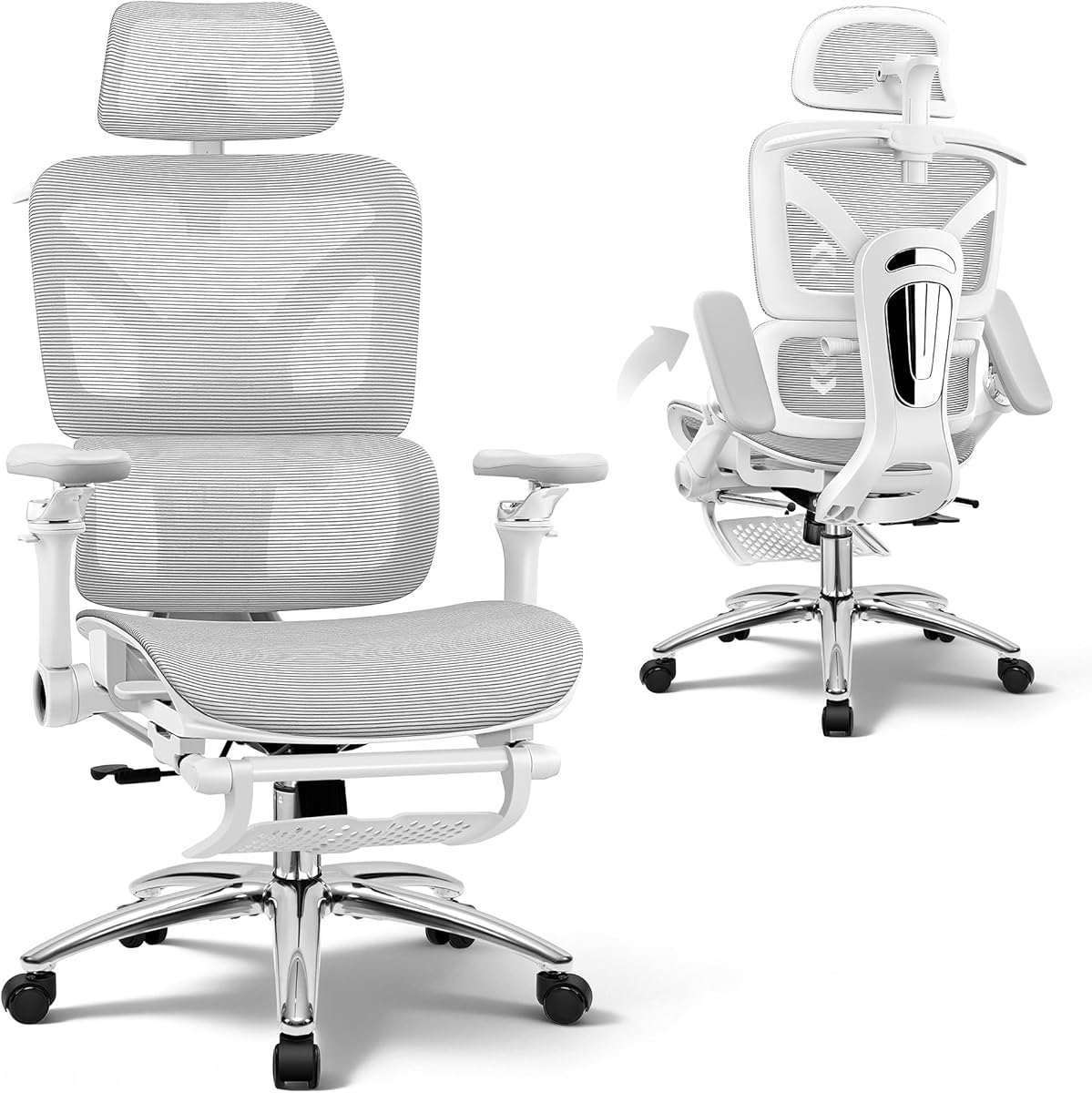 Ergonomic Office Chair with Footrest, Big and Tall Home Desk Chair, High Back Rolling Computer Chair with 5D Flip-Up Arms and Lumbar Support, Comfy Gaming Chair, Swivel Mesh Chairs, Gray
