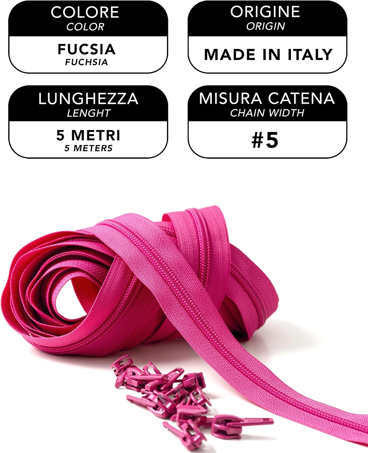 IPEA Fuchsia Pink Continuous Chain Zipper 5 Metres Long + 15 Metal Sliders - Made in Italy - Chain Size #5 - Nylon Zippers - Zip - Cut to Size by The Metre - 30mm Wide