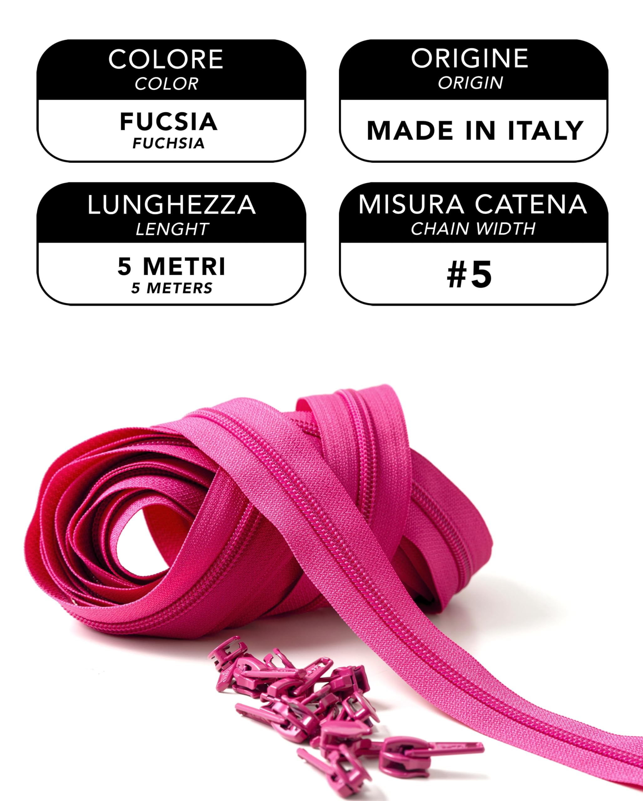 IPEA Fuchsia Pink Continuous Chain Zipper 5 Metres Long + 15 Metal Sliders, Made in Italy, Chain Size #5, Nylon Zippers, Zip - Image 2