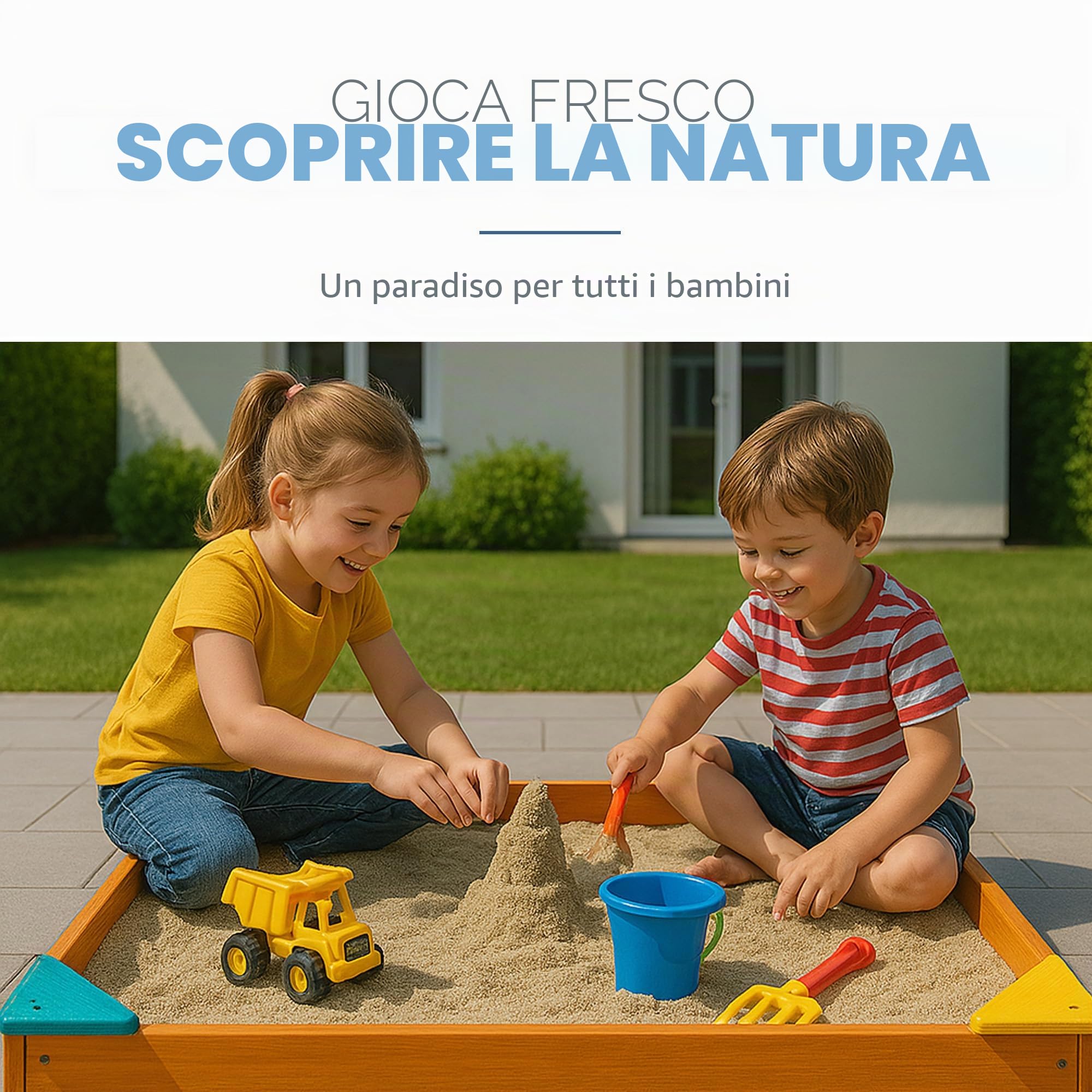 Bestlivings Sabbiera con copertura 90 x 90 x 16 cm, sandbox in legno con telone contro erbacce e coleotteri, cassetta con angoli colorati per il giardino