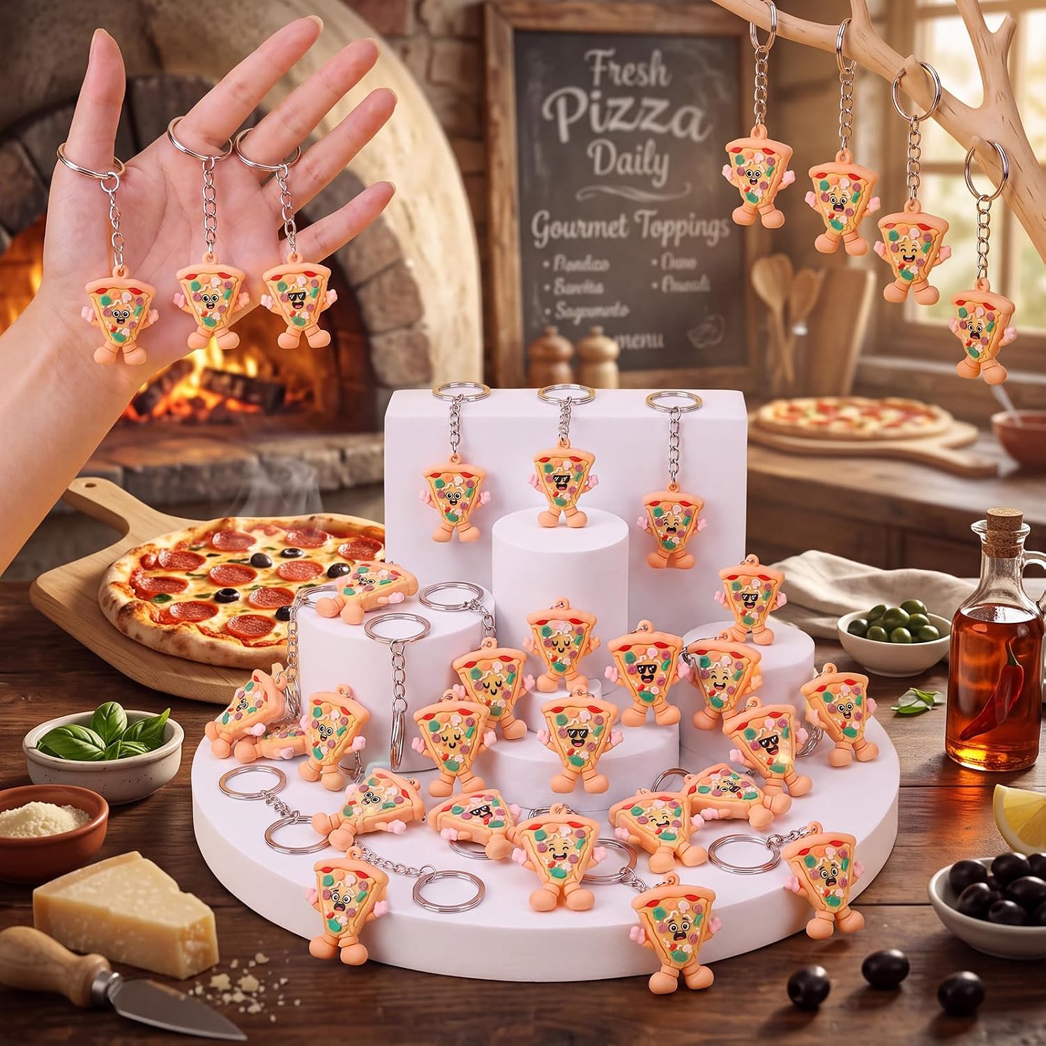 JellyArch 50 Pcs Mini Pizza Keychain Bulk Halloween Pizza Statues Figure image 3