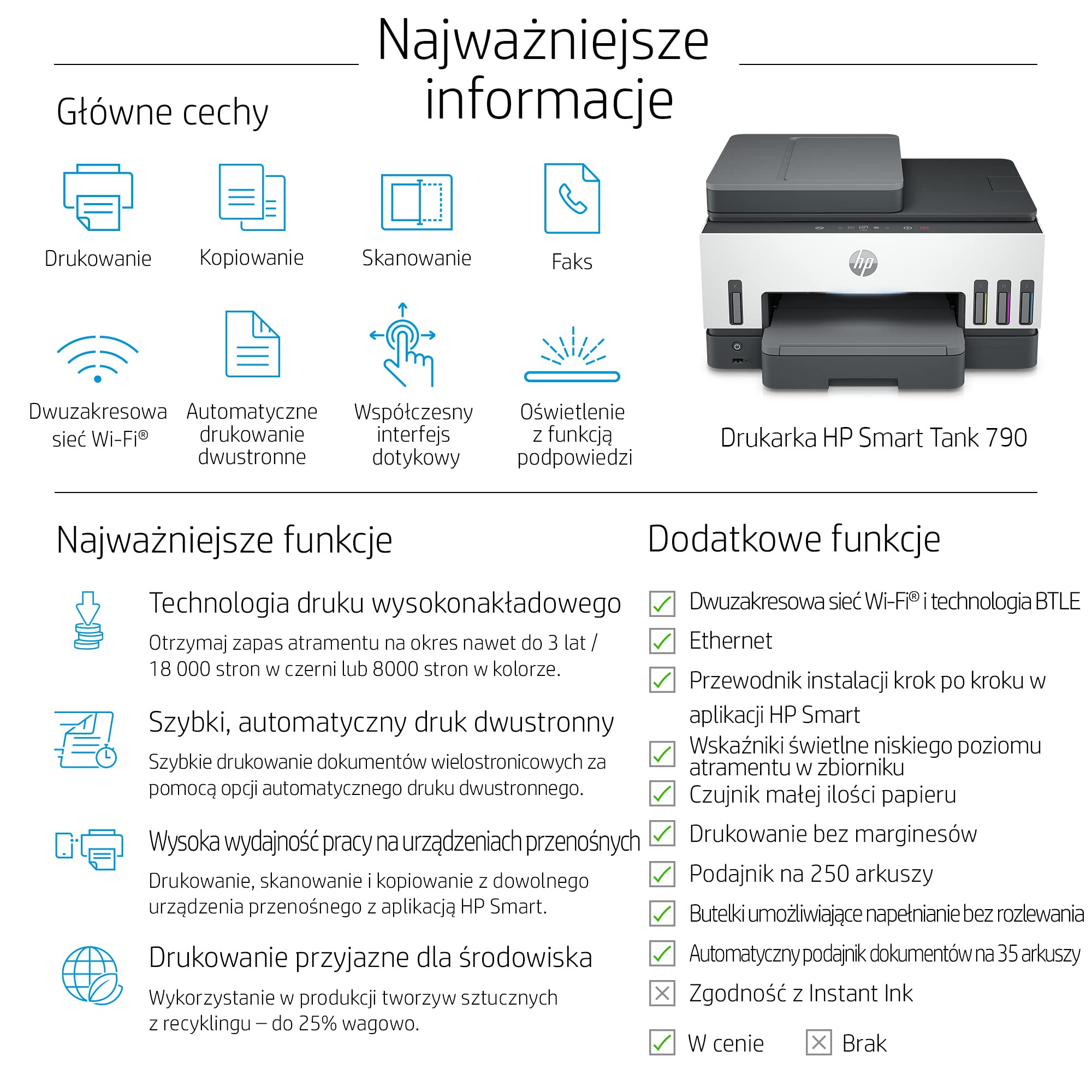 HP Smart Tank Urządzenie wielofunkcyjne 790, Drukowanie, kopiowanie, skanowanie, faksowanie, automatyczny podajnik dokumentów i sieć bezprzewodowa, Automatyczny podajnik dokumentów na 35 arkuszy