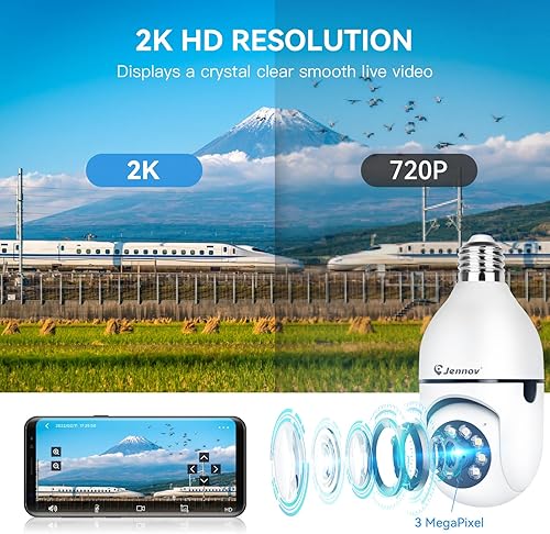 Miniatura 8 de Jennov Cámara de seguridad con forma de bombilla 2K inalámbrica para exteriores e interiores, cámaras de enchufe de luz para seguridad del hogar,