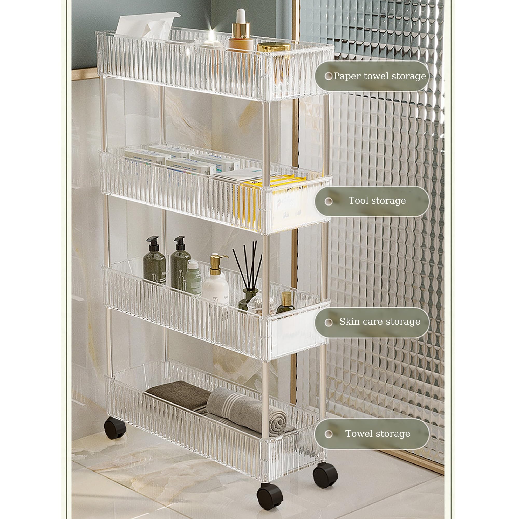 Carrello portaoggetti da bagno sottile a 4 ripiani con ruote per piccoli spazi, organizza la tua lavanderia, la zona WC e il soggiorno, design salvaspazio (13 x 37 x 89 cm)