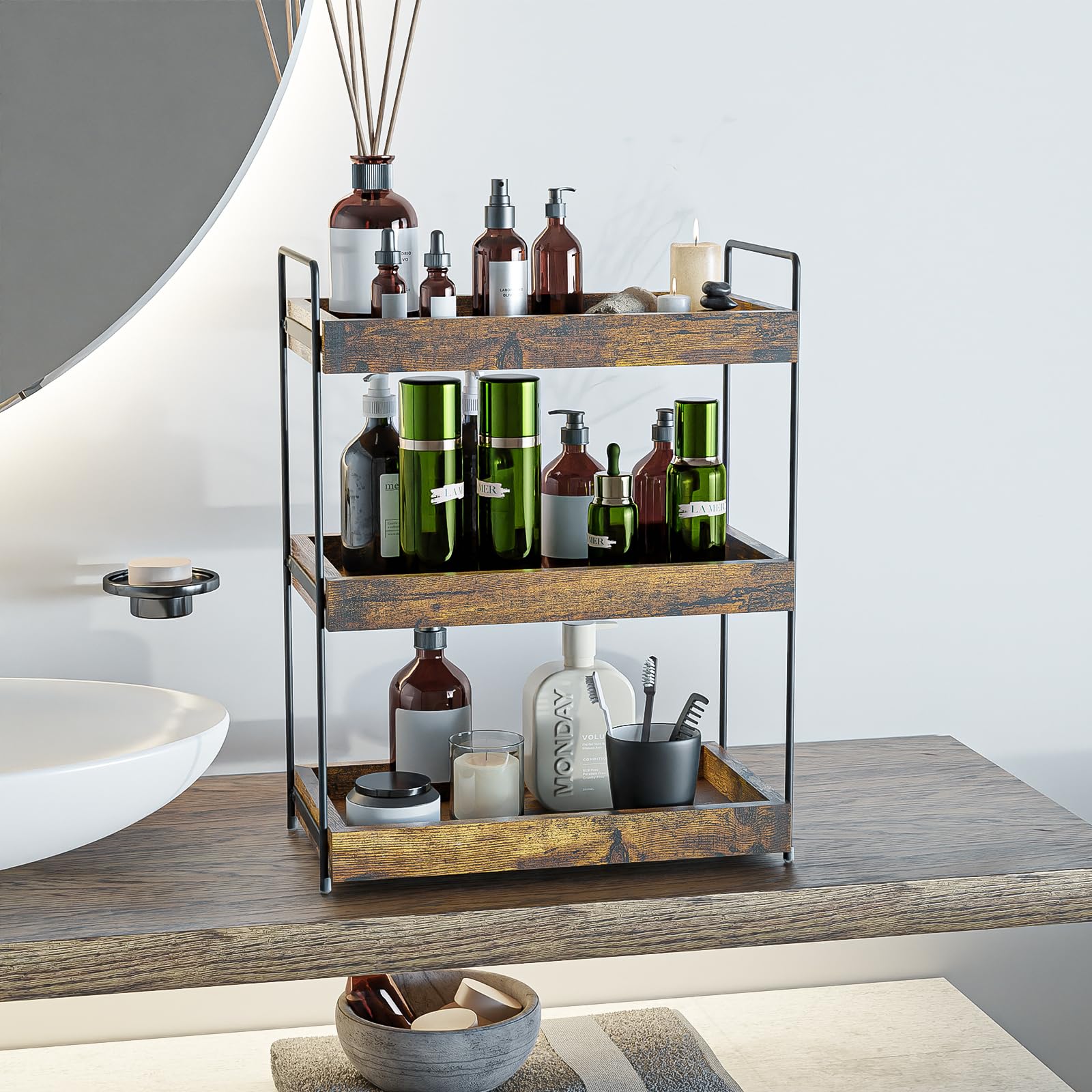 Étagère à épices amovible à 3 étages - Étagère de douche moderne - Plan de travail pratique en bois pour salle de bain - Organiseur de rangement multifonction - Étagère sous meuble - Étagère d'évier