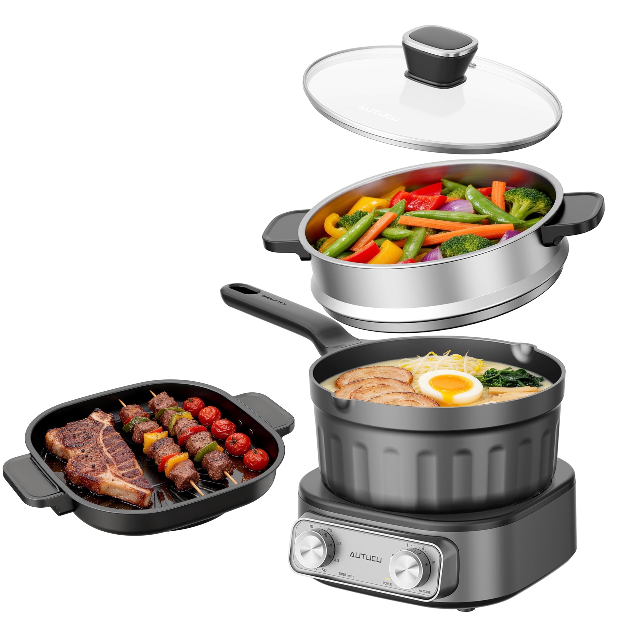 Photo 1 of N73SNA Hot Pot Electric Nonstick, PFOA-Free Multi-Cooker 2.5 Quart Grill Steamer Set, Portable Hot Pot for Fried Rice, Oatmeal, Steak, Soup, Egg, Ramen with Power Adjustment