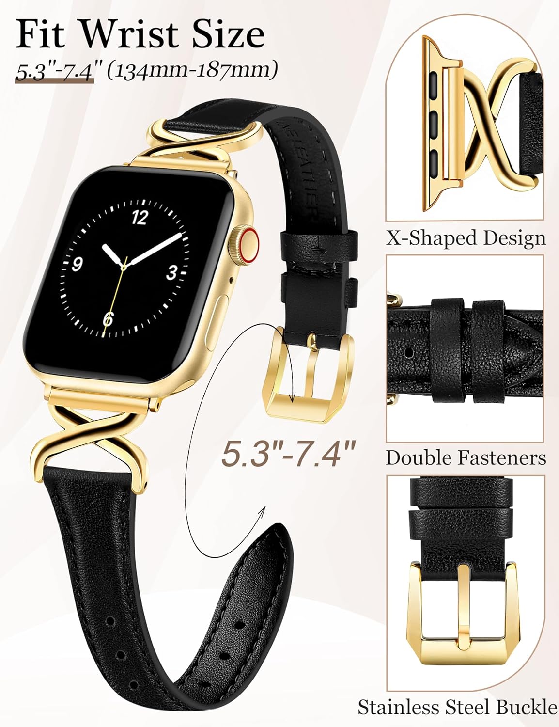 JR.DM Leather Bands Women Compatible with Apple Watch 40mm 38mm 44mm 45mm 41mm 42mm 46mm 49mm Fancy Elegant Strap with X-Shaped Metal Crown for iWatch Series Ultra/SE/11/10/9/8/7/6/5/4/3/2/1 Black - Image 2
