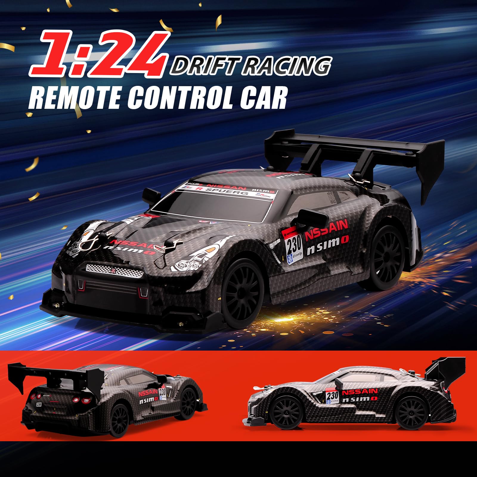 1:24 Scale RC Drift Car,4WD 2.4GHz High Speed Racing Hobby Sport Toy Car Vehicle with LED Lights,Racing and Drift Wheels for Adult Boys Girls Kids Gift (8601-Black)