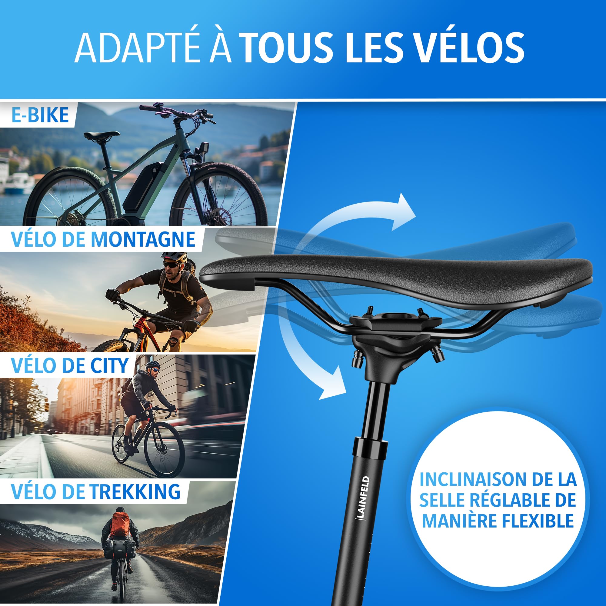 Tige de Selle Suspendue LAINFELD | Outils Inclus | 27,2 mm, 30,9 mm ou 31,6 mm | Tige de Selle Suspendue réglable VTT vélo électrique Femme Homme