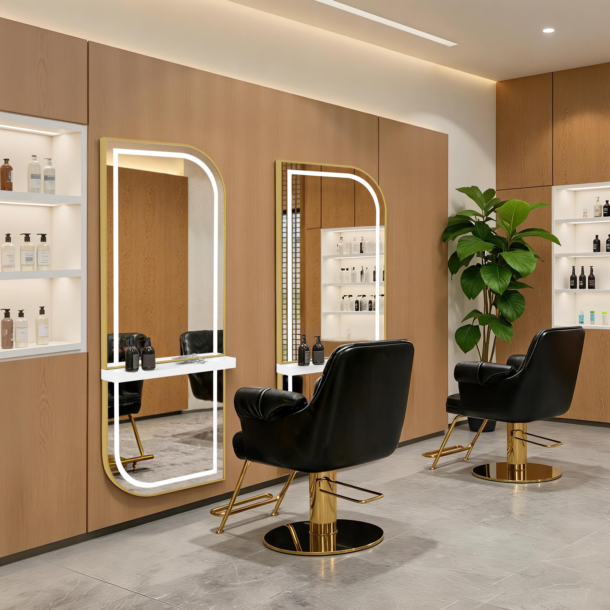 Barberpub Wandspiegel mit Beleuchtung, Ganzkörperspiegel mit Aluminiumrahmen, Großer Spiegel mit Ablage, Touch-Schalter, 3 Lichtfarben Dimmbar, für Friseursalon, J6298 (Weiß-Gold)