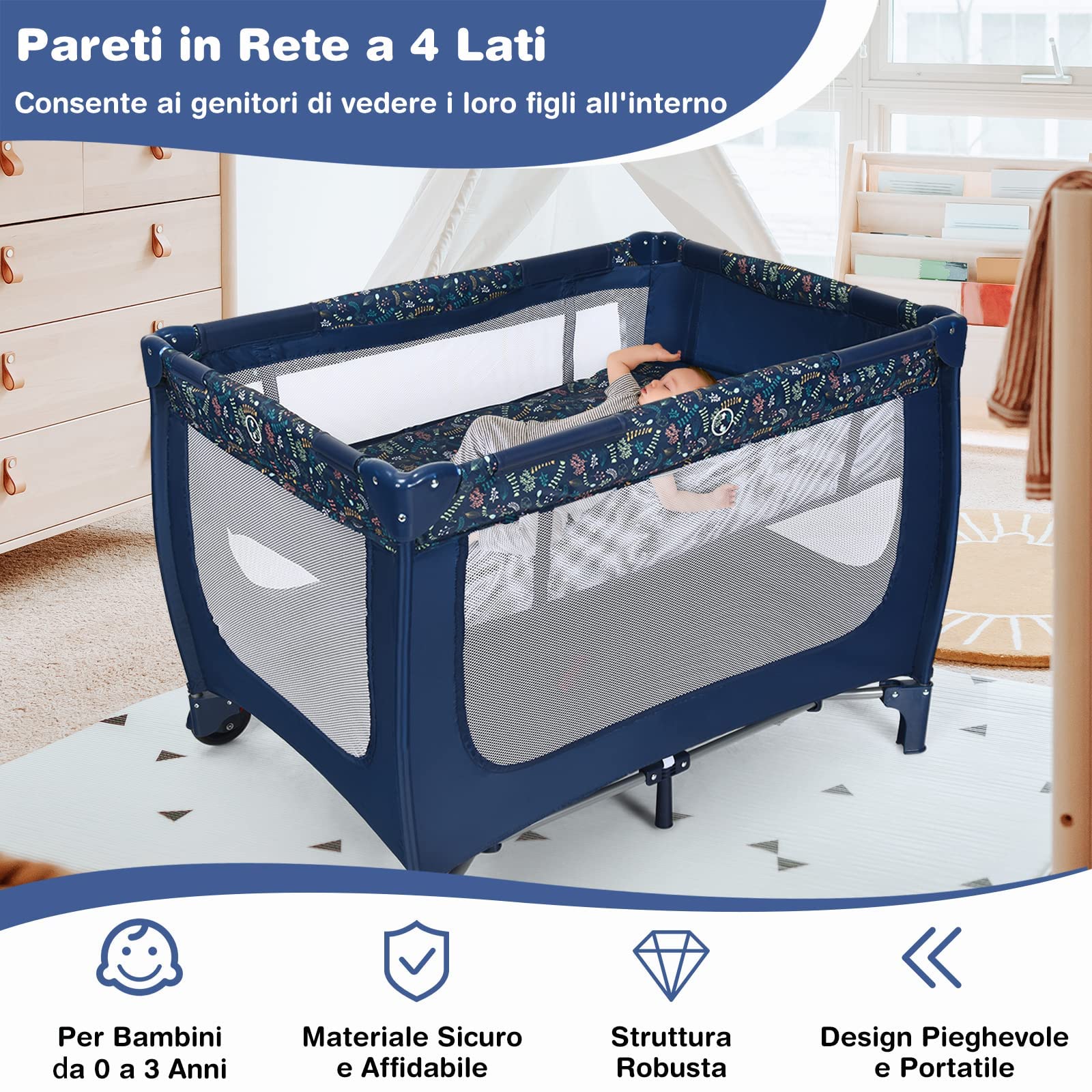 RELAX4LIFE Lettino Neonato con Materasso, Lettino da Campeggio per Bambini, Culla da Viaggio con 2 Ruote con Freno e Borsa, per Bambini 0-36 Mesi (Blu)