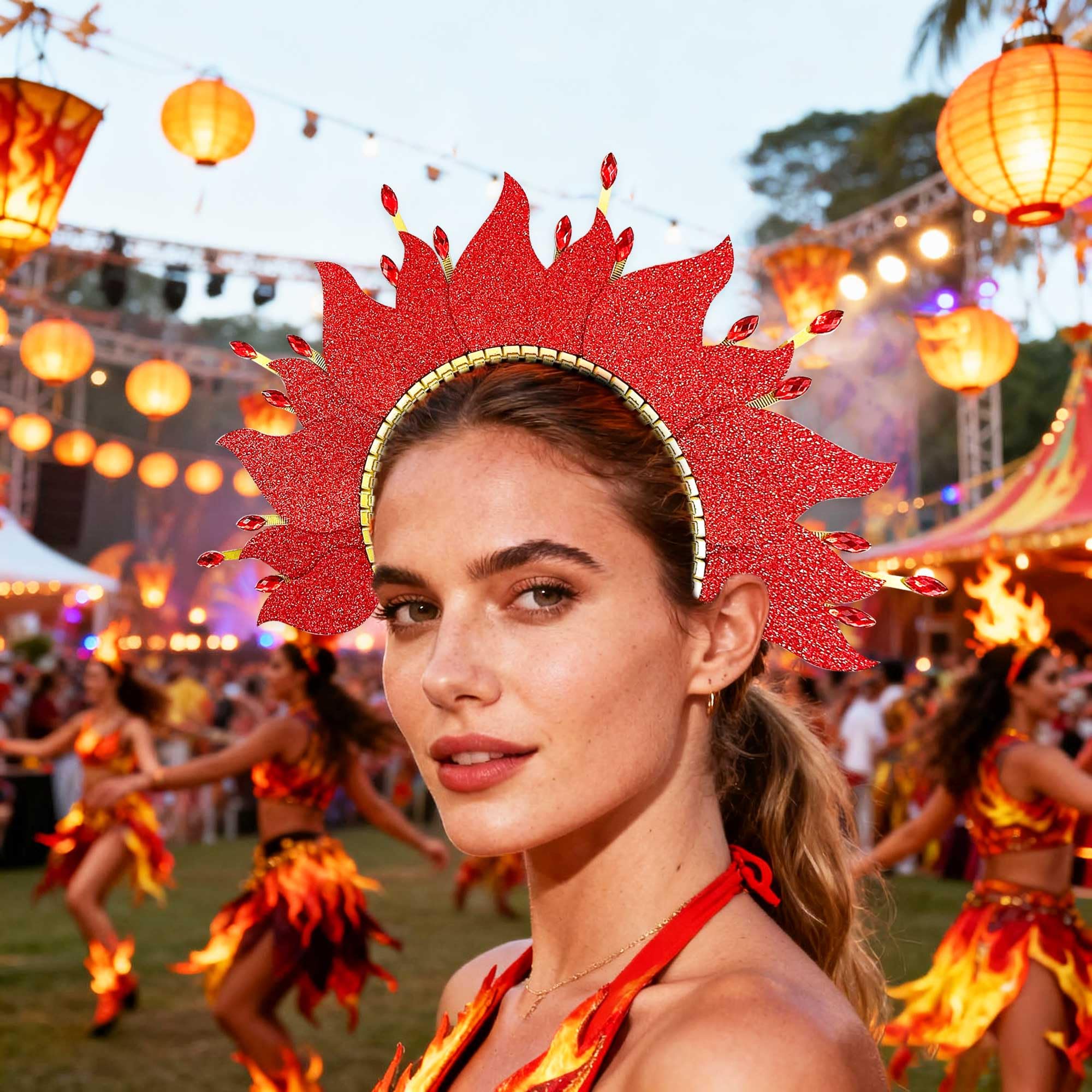 BACH AND BOUJEE Fire Flame Headpiece Sun Halo Crown Headband Carnival Accessories Headdress Mardi Gras Rave Festival for Women Costume Supplies - Image 7