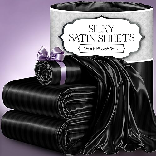 DECOLURE Juego de sábanas de satén a rayas, tamaño individual, 3 piezas, sábanas de satén sedosas y lujosamente suaves con bolsillo profundo de 15