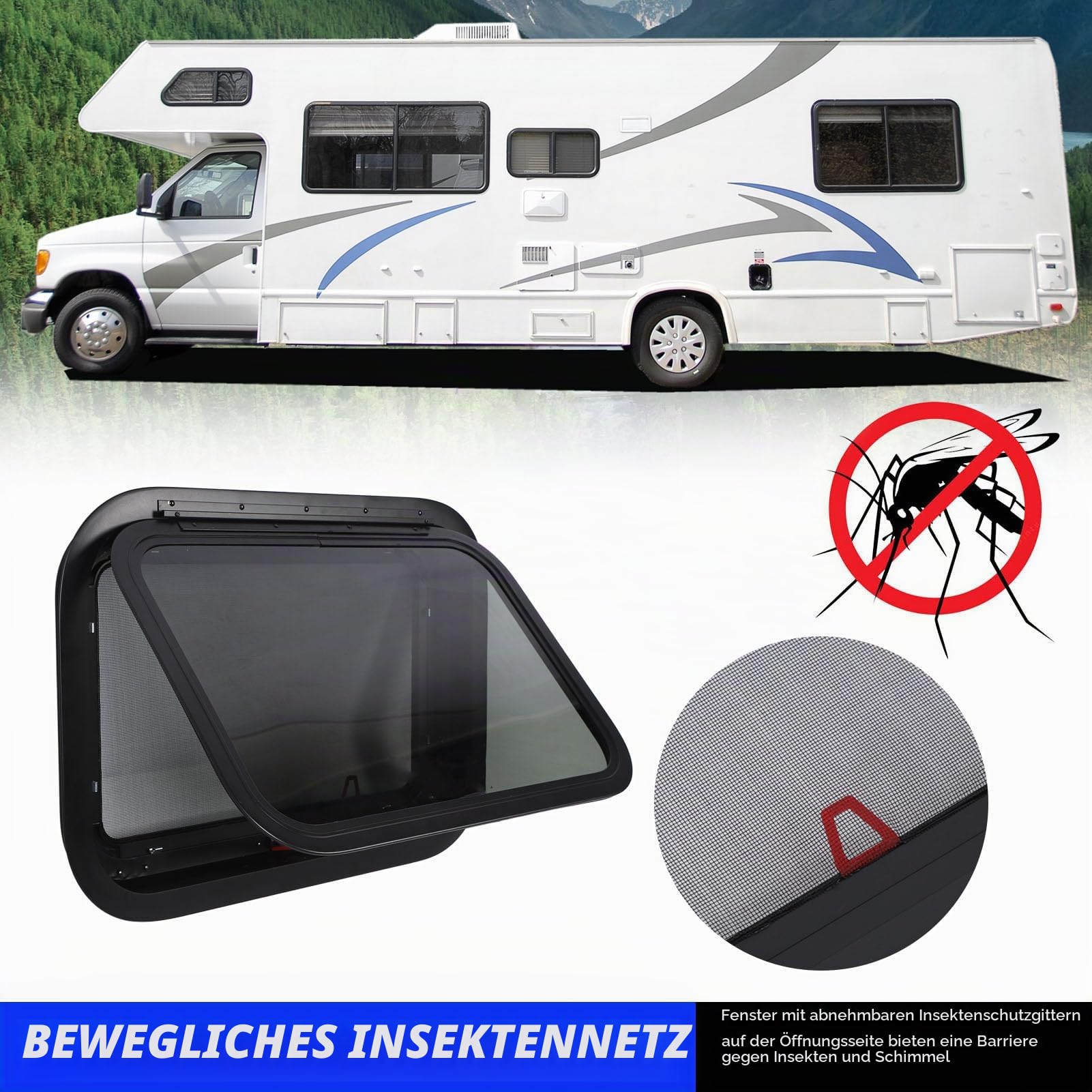22,4 X 15,2 Zoll Großes RV Fenster, Externes Notfall Campingfenster Zum Herausschieben, Fenster mit Netzgitter Stützstange für Wohnwagen, Camping, Anhänger, Wohnmobil