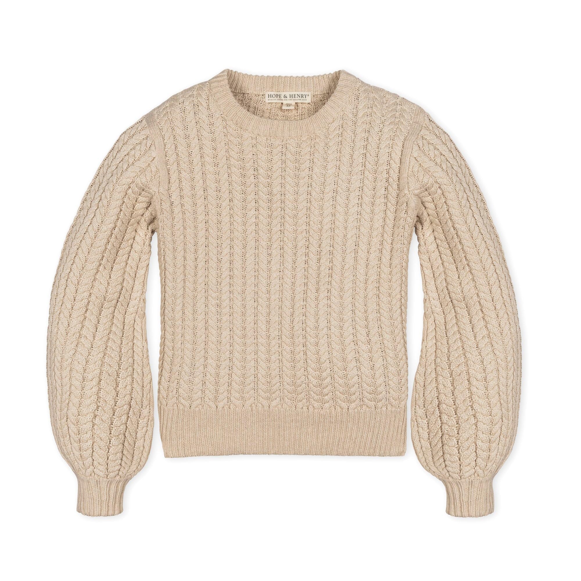 Hope &amp; Henry Women's Peasant Sleeve Cable Sweater Pullover, Small, Beige
