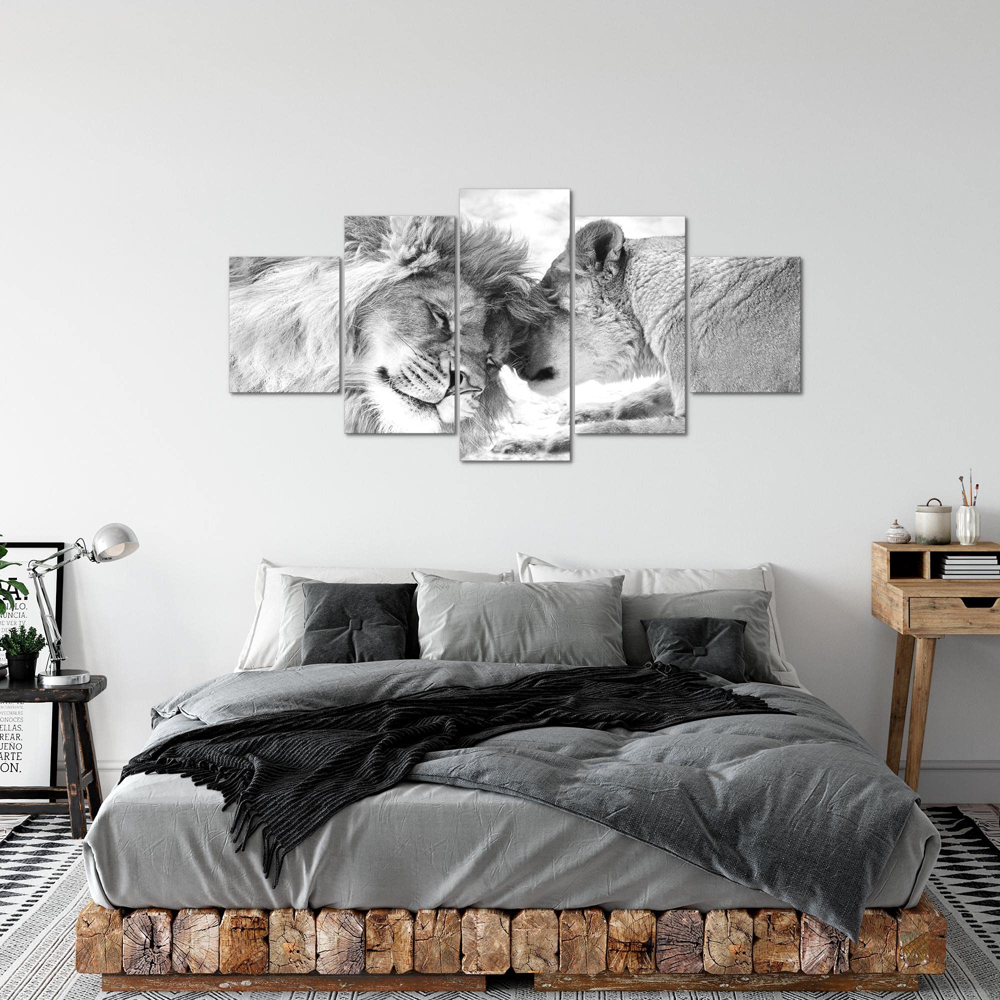 Runa Art - Quadri Leoni Amore 200 x 100 cm 5 Pezzi XXL Decorazione Murale Design Bianco E Nero 002151c
