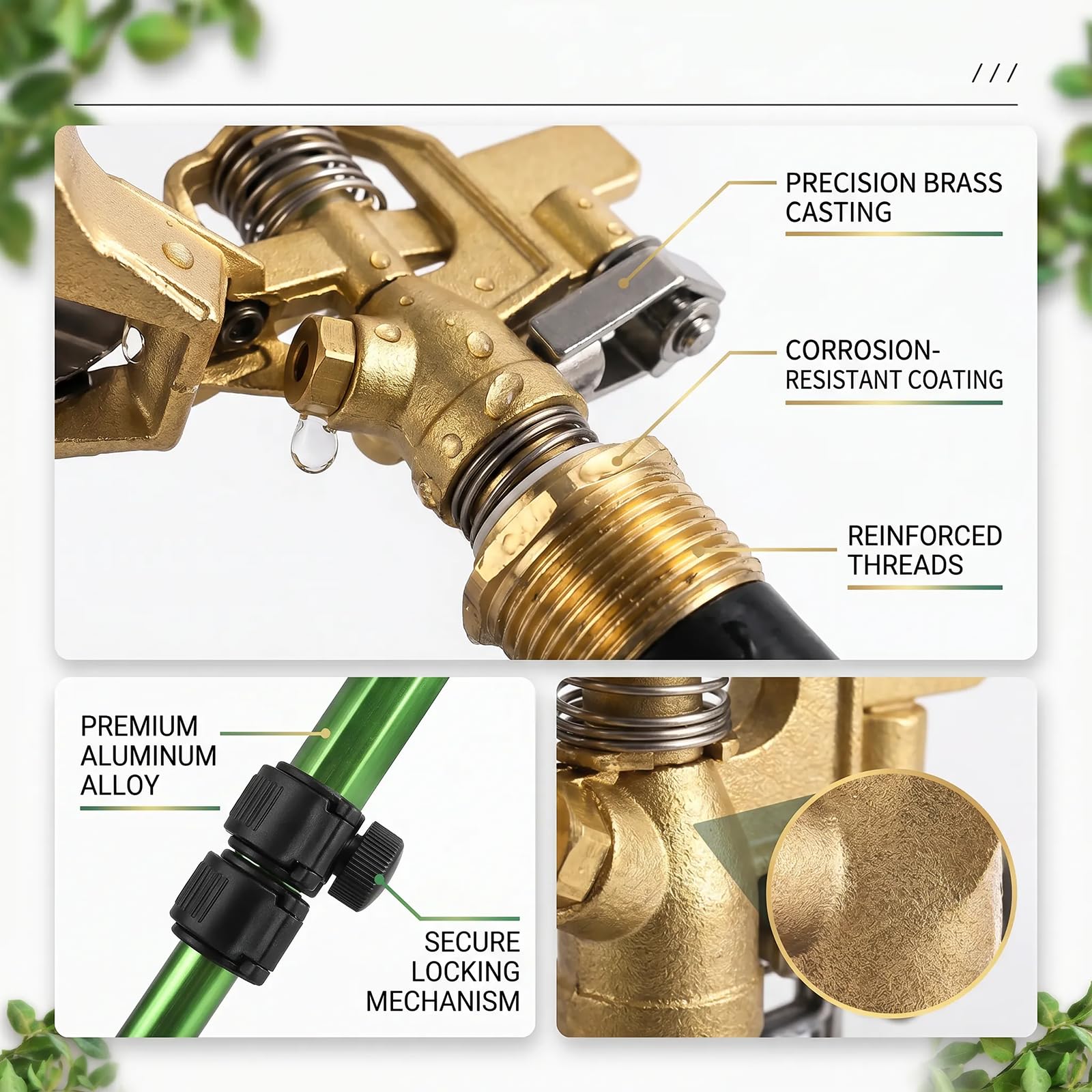 Messing Impulsregner mit Stativ 360 Rotation Garten Rasensprenger Einstellbare Hoehe 20-36 Zoll Aluminiumlegierung 3/4 Zoll Gewinde Bewaesserung Outdoor Gruen